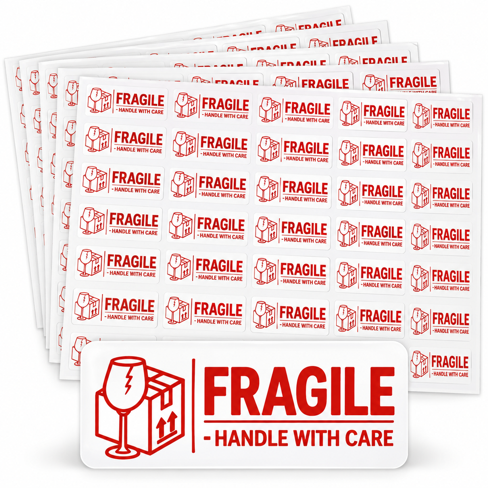 Fragile Handle with Care stickers, red and white warning design — Packpe