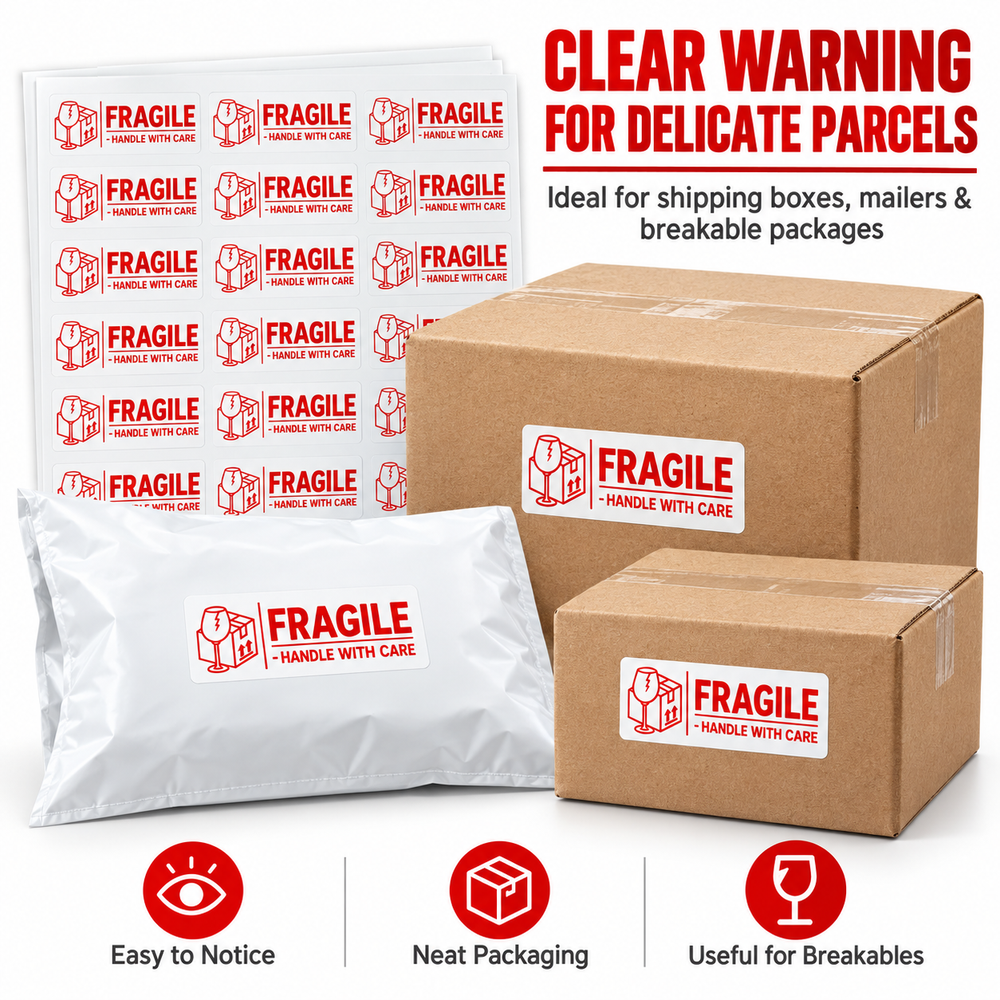Fragile stickers on courier parcels and cartons