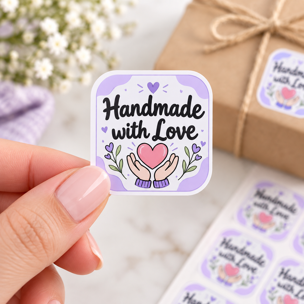 Handmade with Love stickers on gift boxes and craft packs