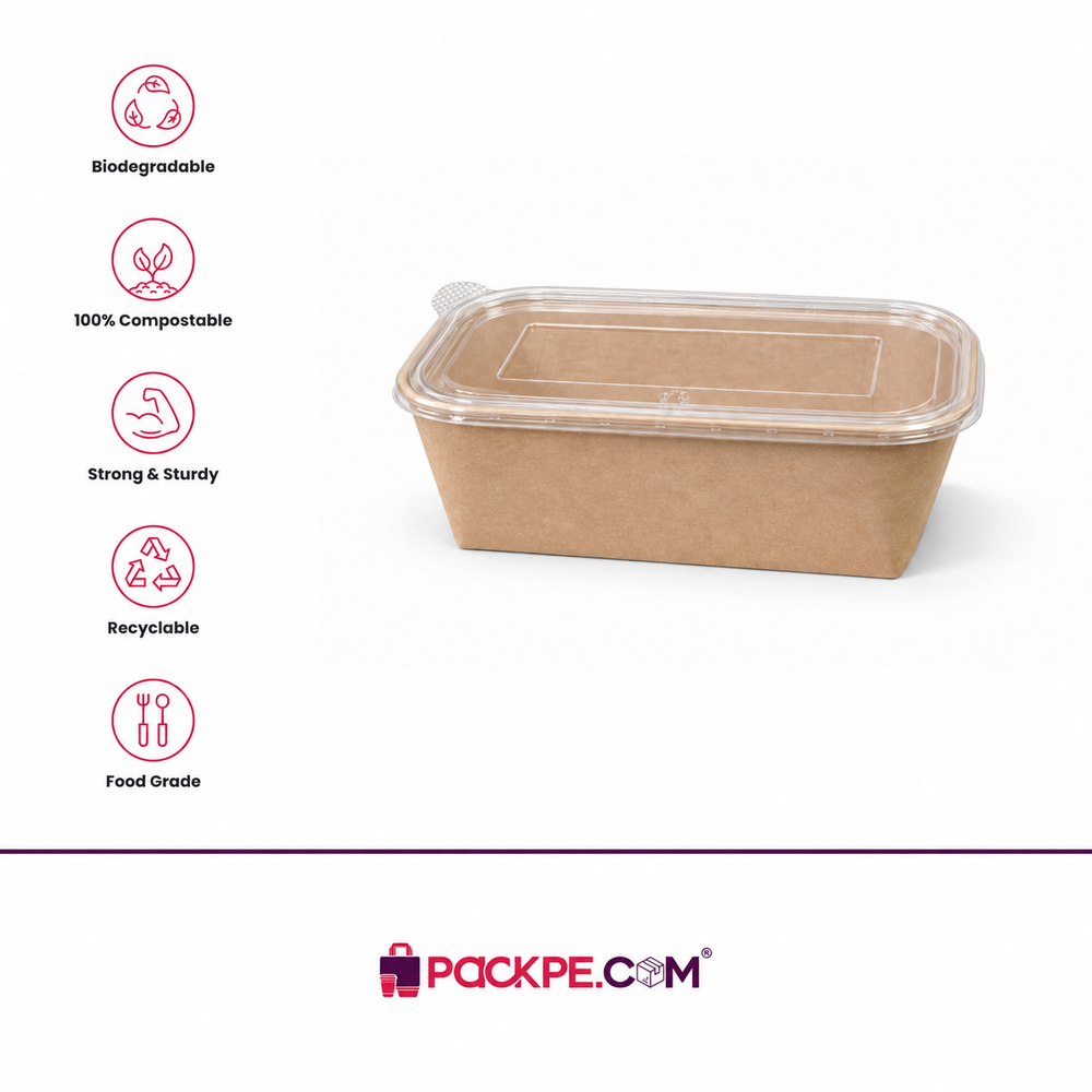 Kraft Rectangle Container 500 ml with Lid - Packpe (3 of 3)