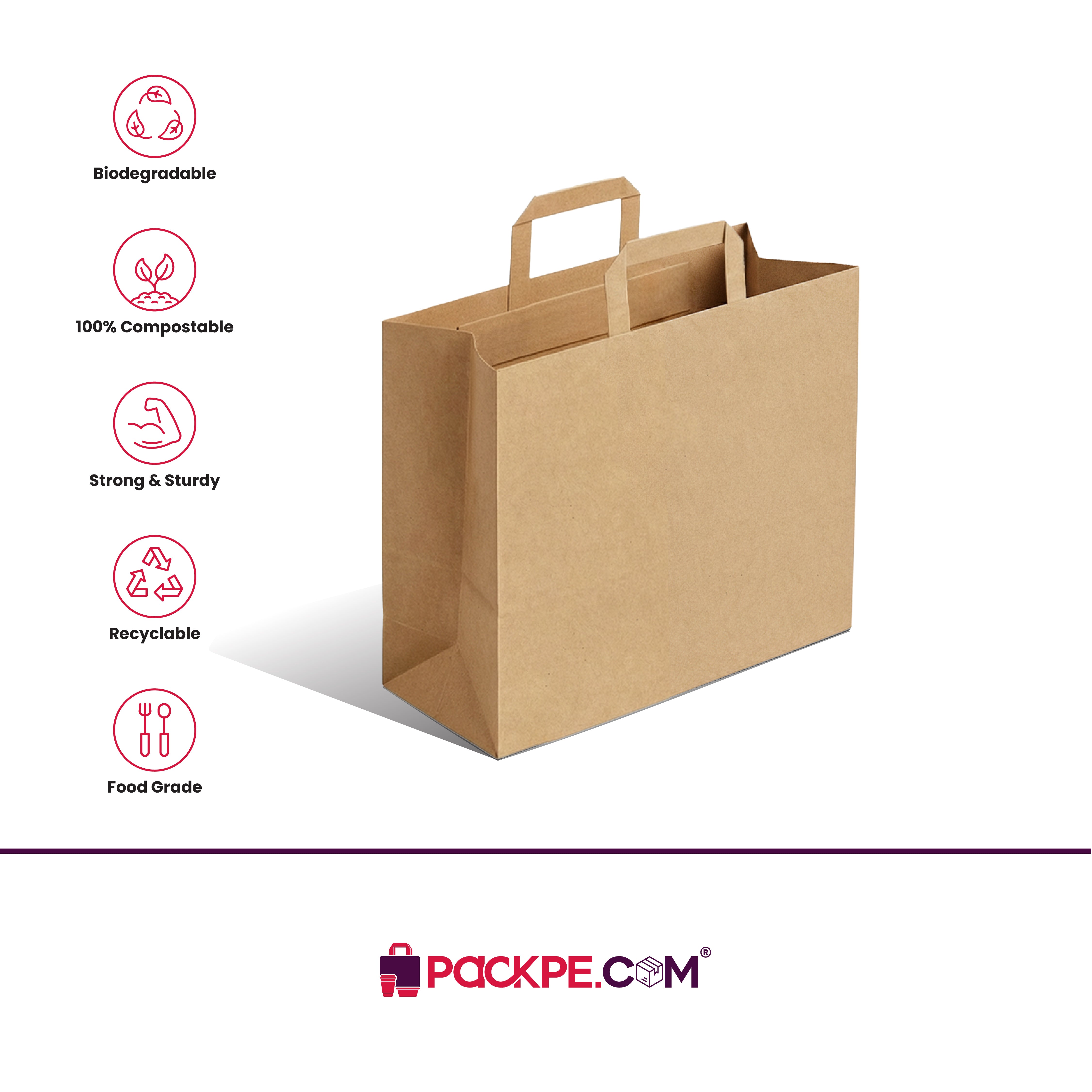 Hotpack Brown Flat Handle Paper Bag PFH-3 24x15x21.5 cm – Pack of 500