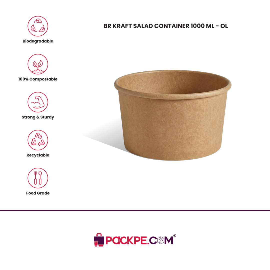 BR Kraft Salad Container 1000 ml  - Pack of 800 - Packpe.Com