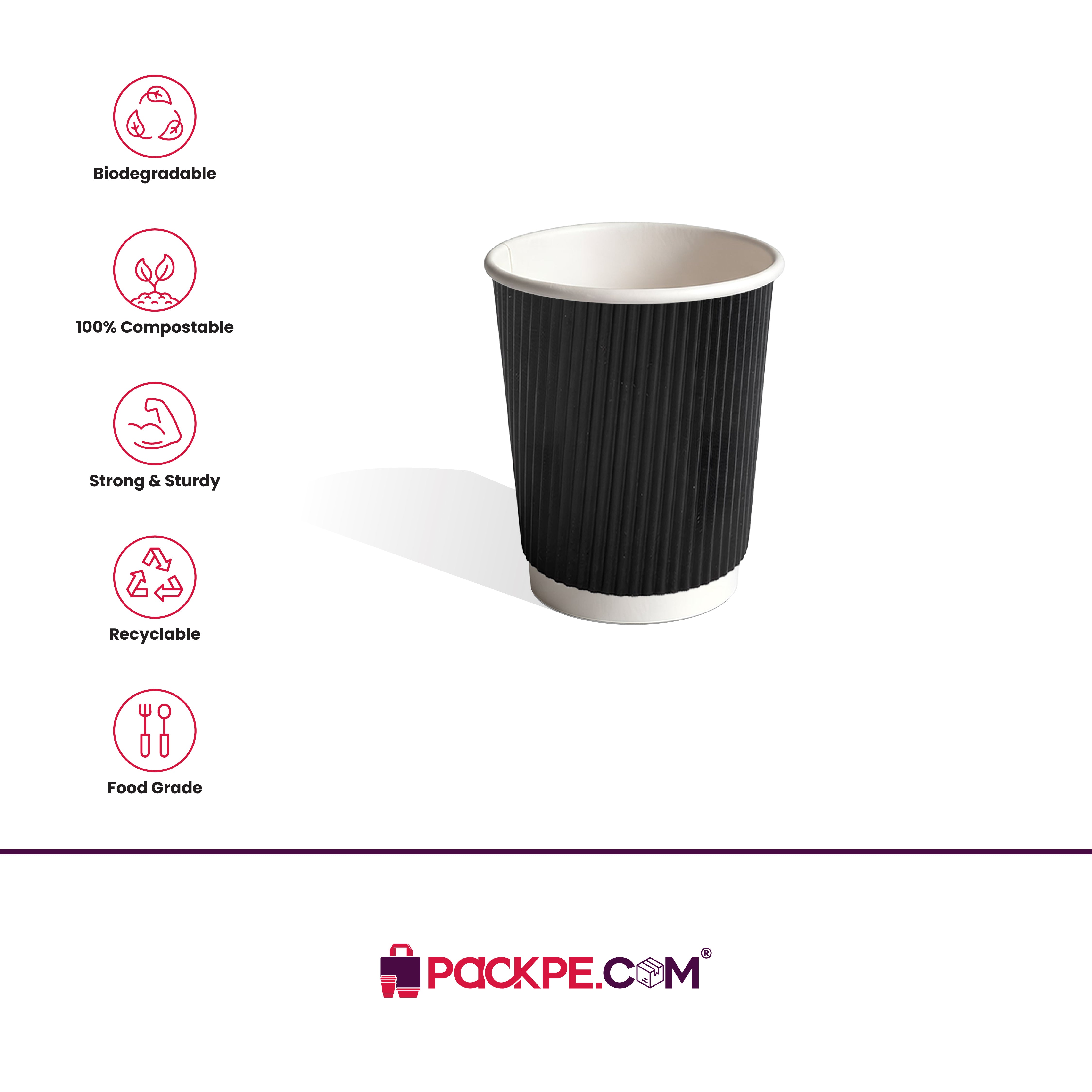 Black Rippled Paper Cups 130 ml - Pack of 1000 - Packpe.Com