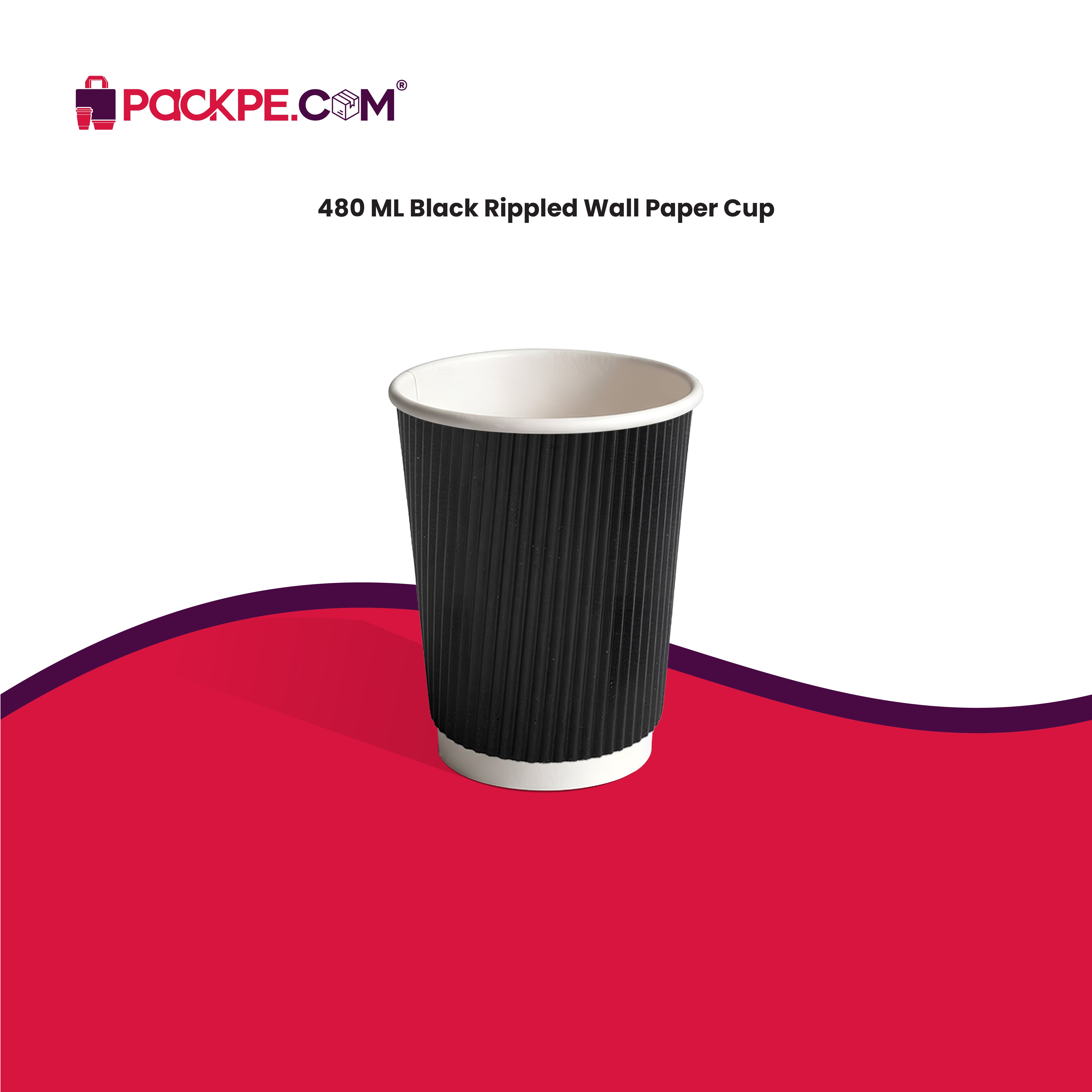 Black Rippled Paper Cups 480 ml - Pack of 500 - Packpe.Com