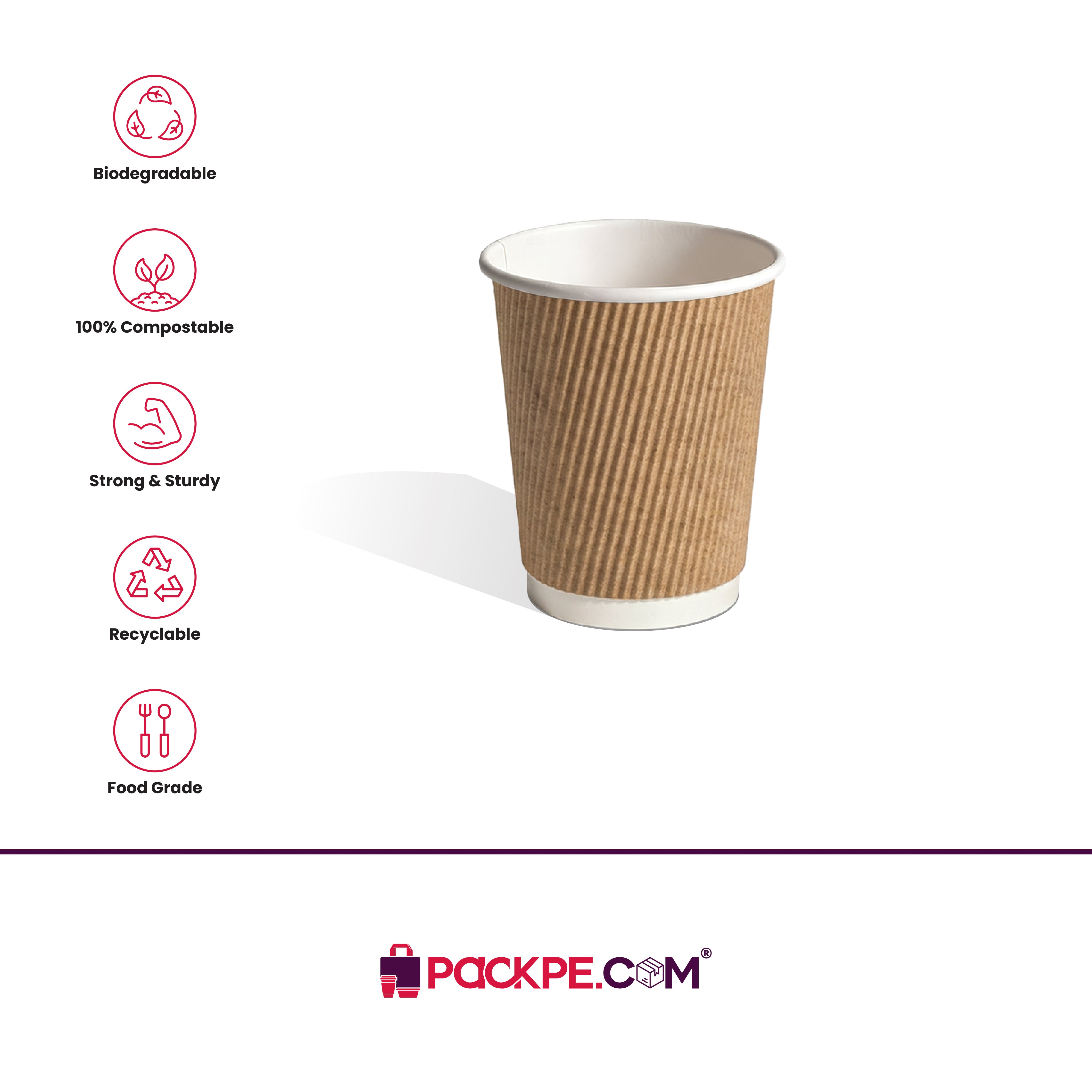 Brown Rippled Paper Cups 130 ml - Pack of 1000 - Packpe.Com