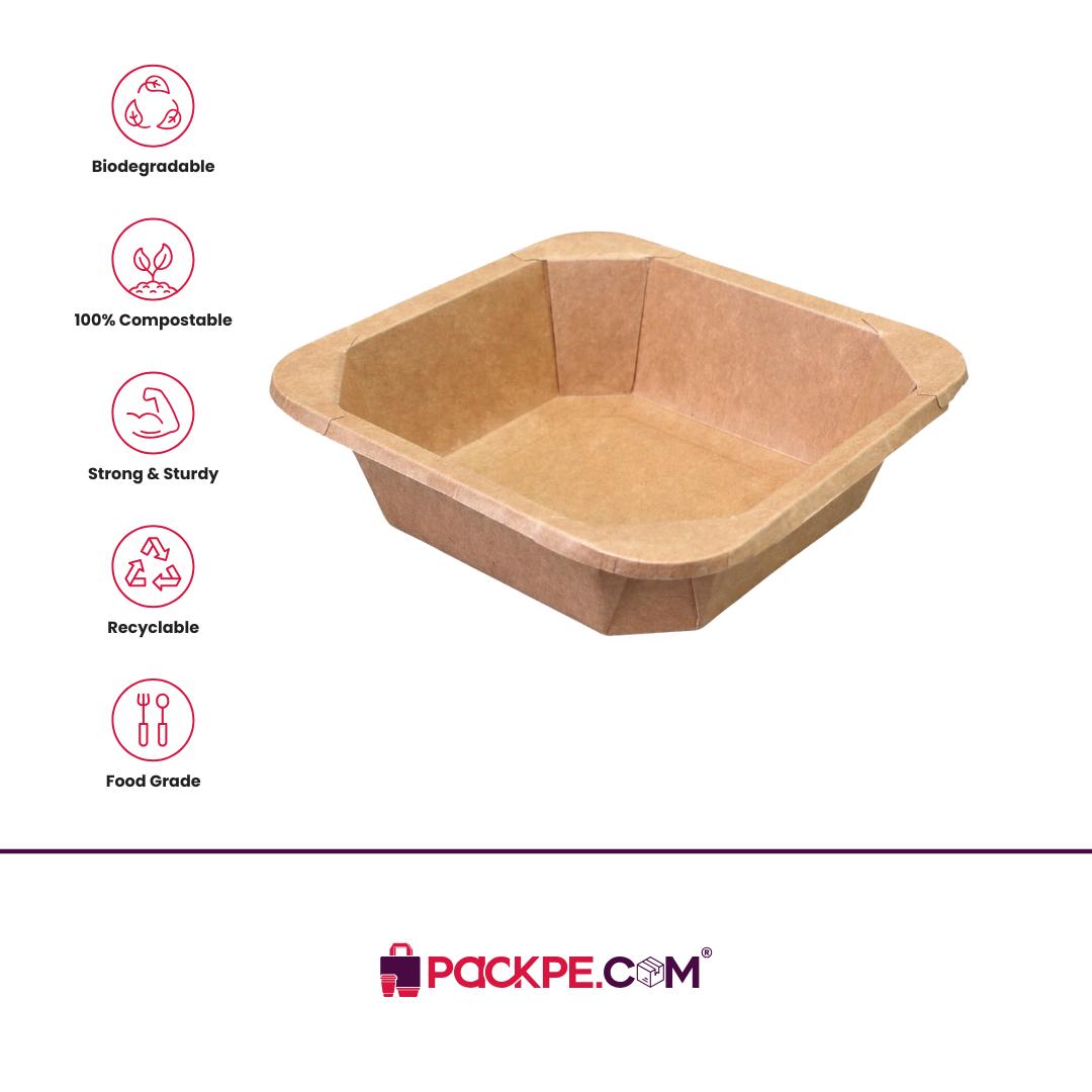 Square Kraft Container 1000 ml - Pack of 500 - Packpe.Com