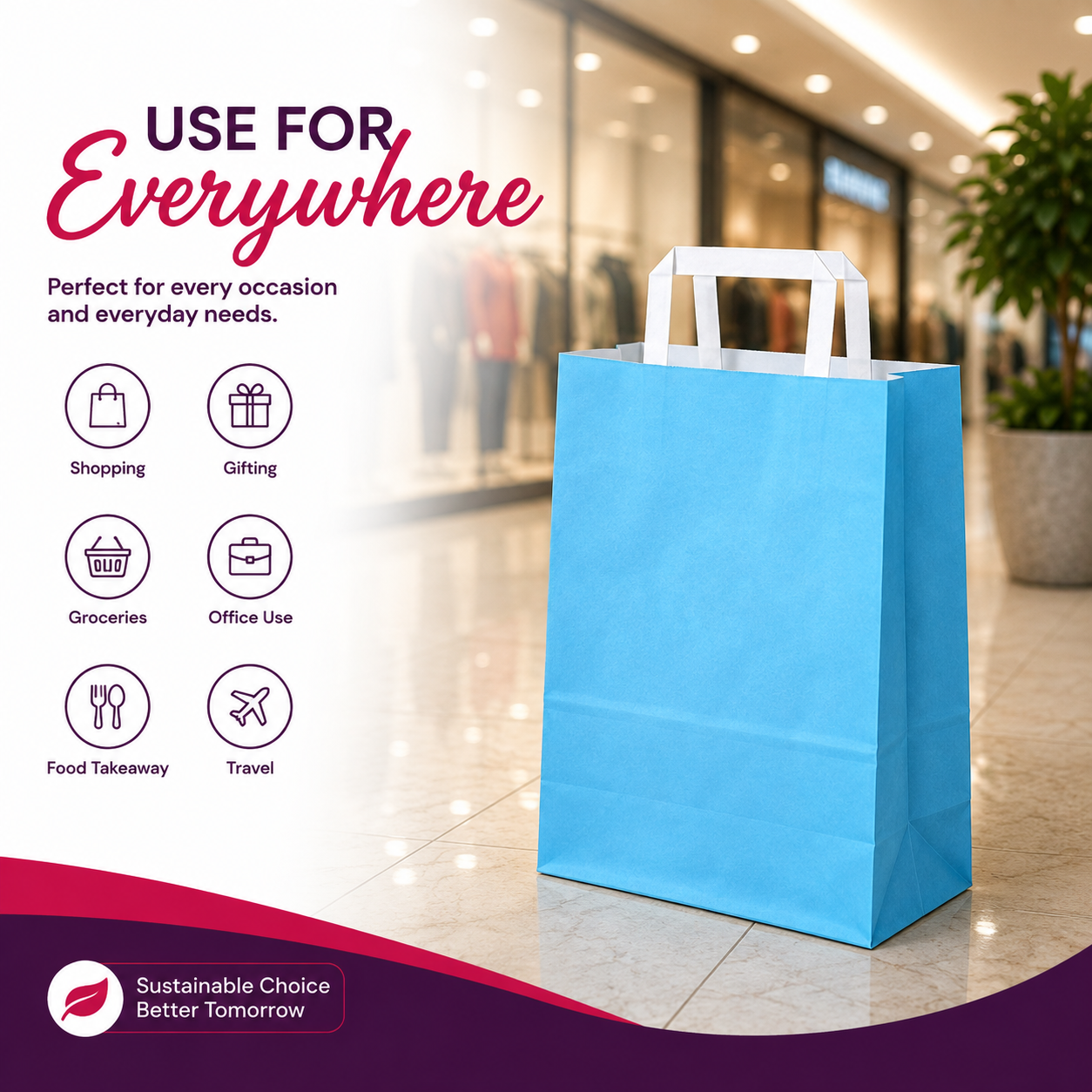 Blue Retail Cool Blue Paper Bag 24x12.5x36 cm | Pack of 250 | Durable, Food-Grade | Ideal for Retail, Gifting & Food Packaging