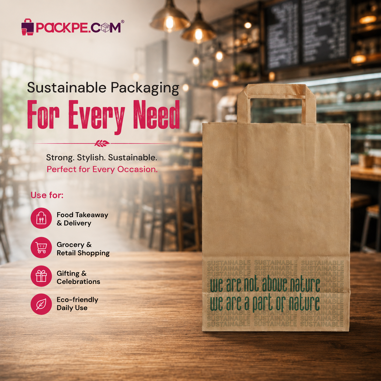 Brown Nature Large Brown Paper Bag 30x12.5x40.75 cm | Pack of 250 | Durable, Food-Grade | Ideal for Retail, Gifting & Food Packaging