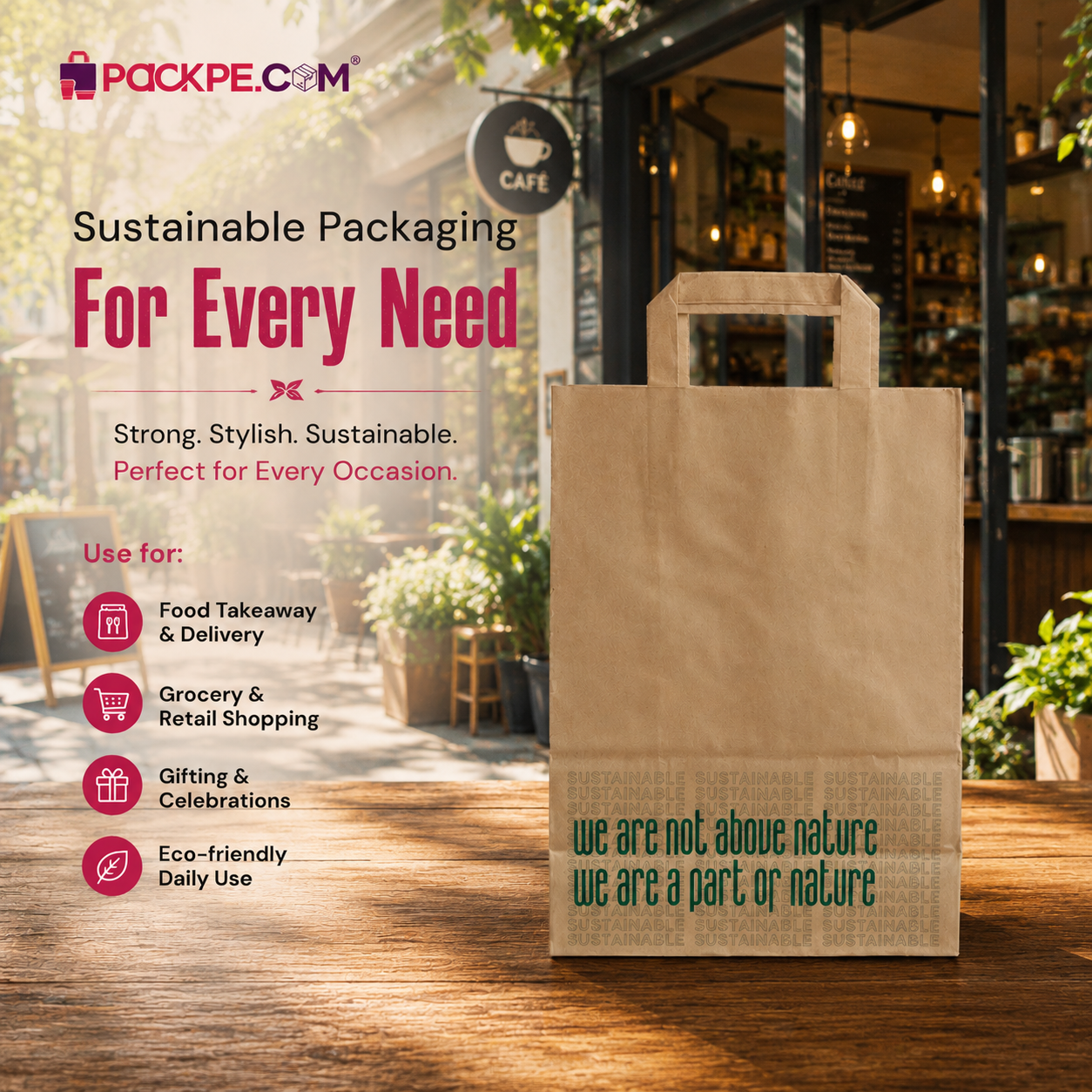 Brown Nature Medium Brown Paper Bag 24x12.5x36 cm | Pack of 250 | Durable, Food-Grade | Ideal for Retail, Gifting & Food Packaging