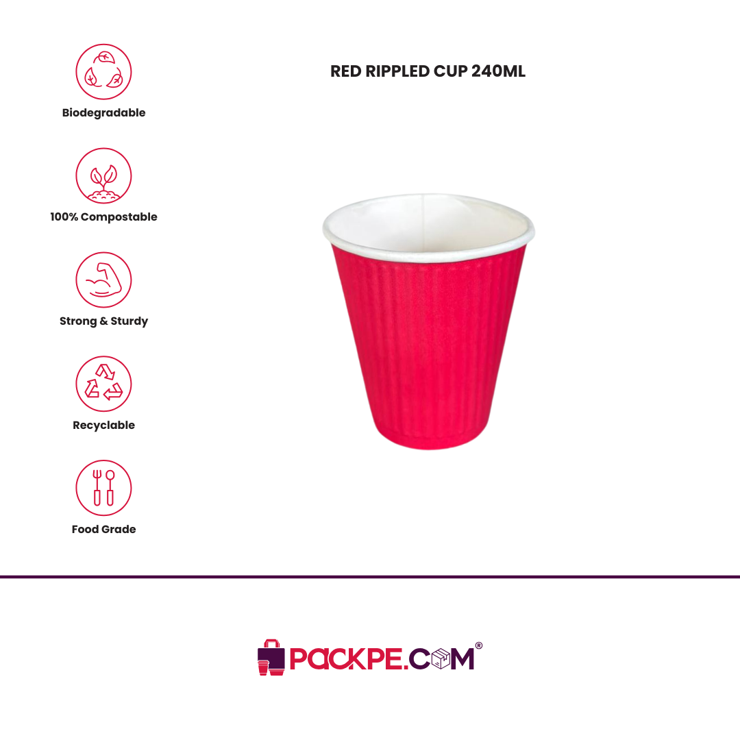 Detpak Red Rippled Cup 240 ml – Pack of 1000 - Packpe.Com