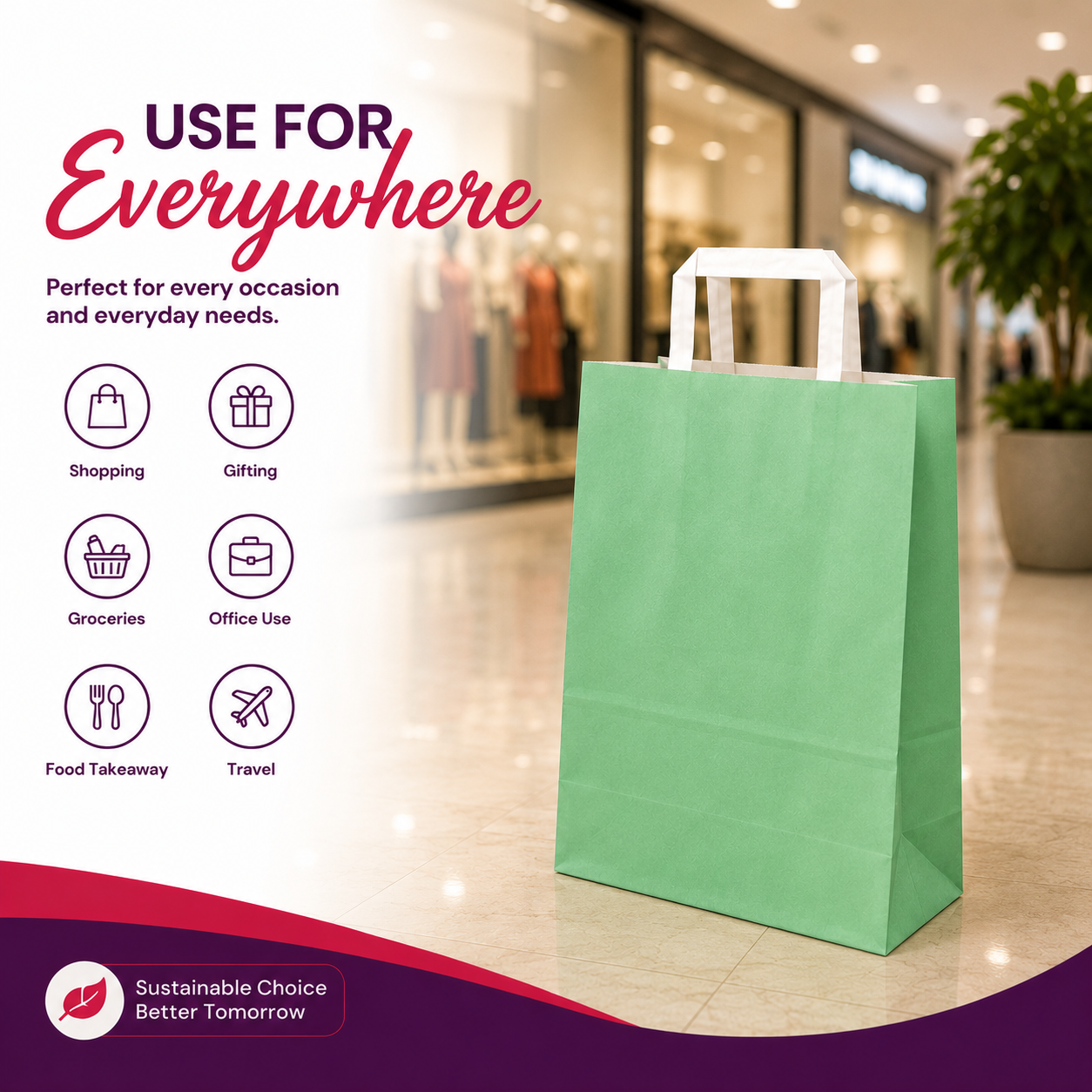 Green Retail Sea Green Paper Bag 24x12.5x36 cm | Pack of 250 | Durable, Food-Grade | Ideal for Retail, Gifting & Food Packaging