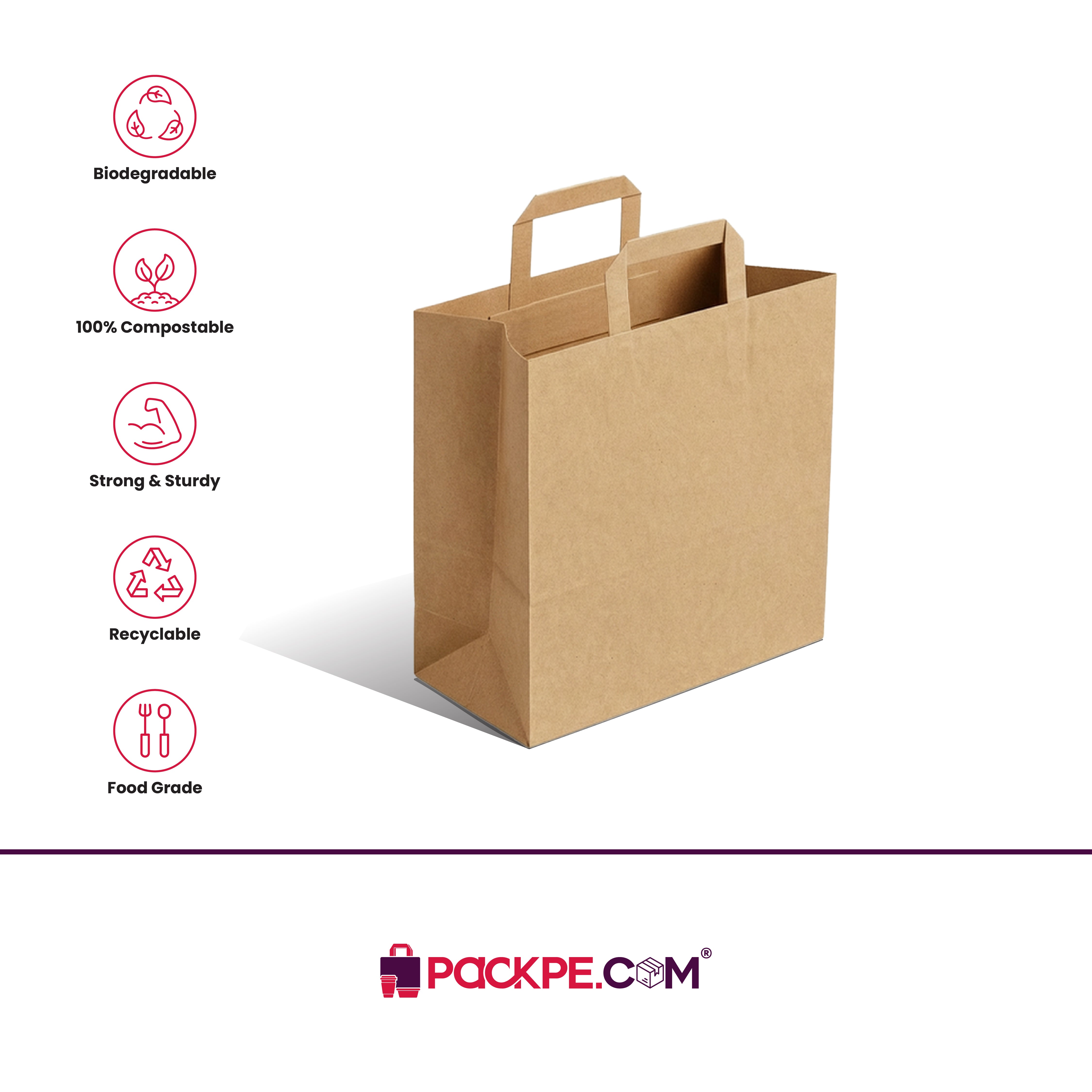 Hotpack Brown Flat Handle Paper Bag PFH-2 18x12.5x20 cm – Pack of 500 - Packpe.Com