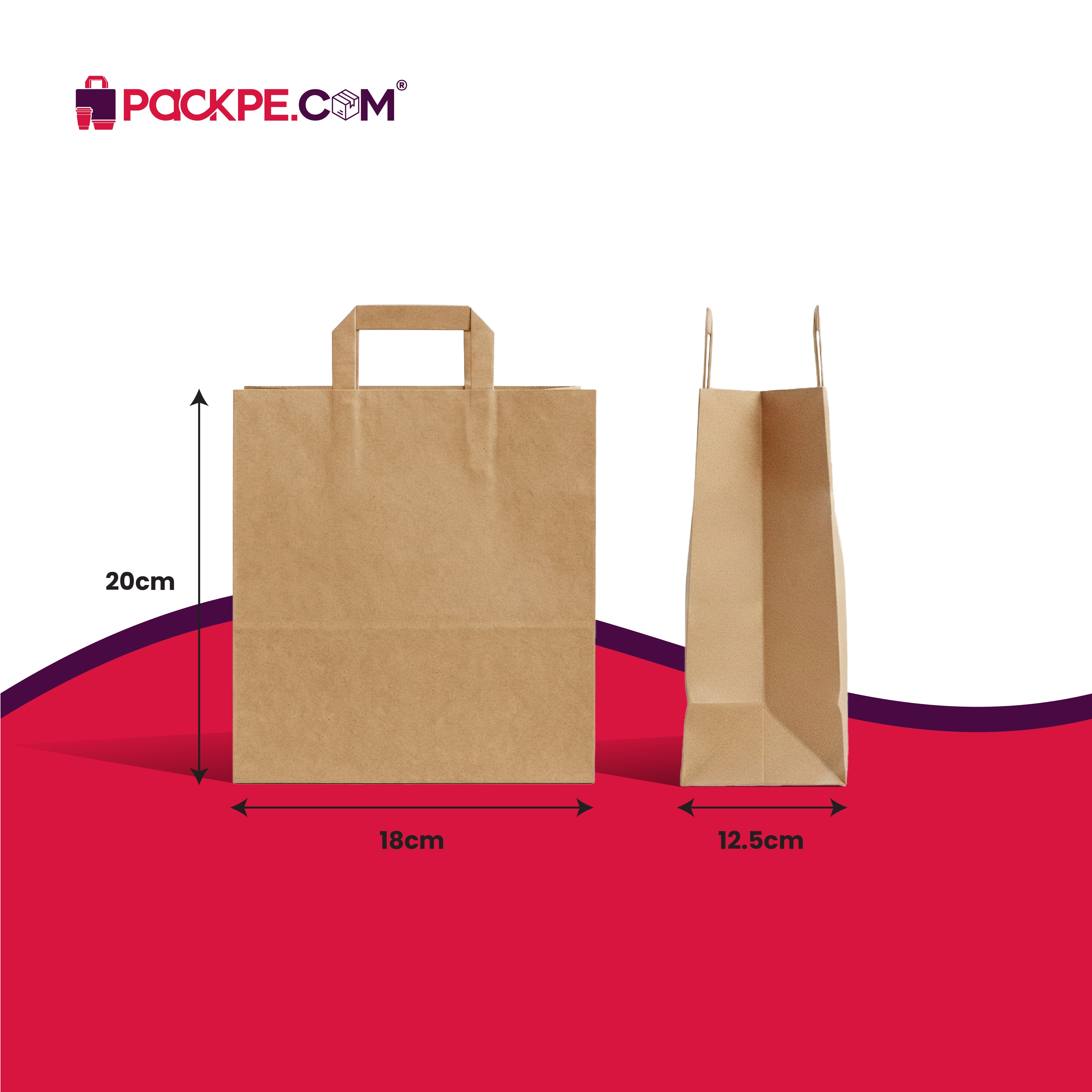 Hotpack Brown Flat Handle Paper Bag PFH-2 18x12.5x20 cm – Pack of 500 - Packpe.Com