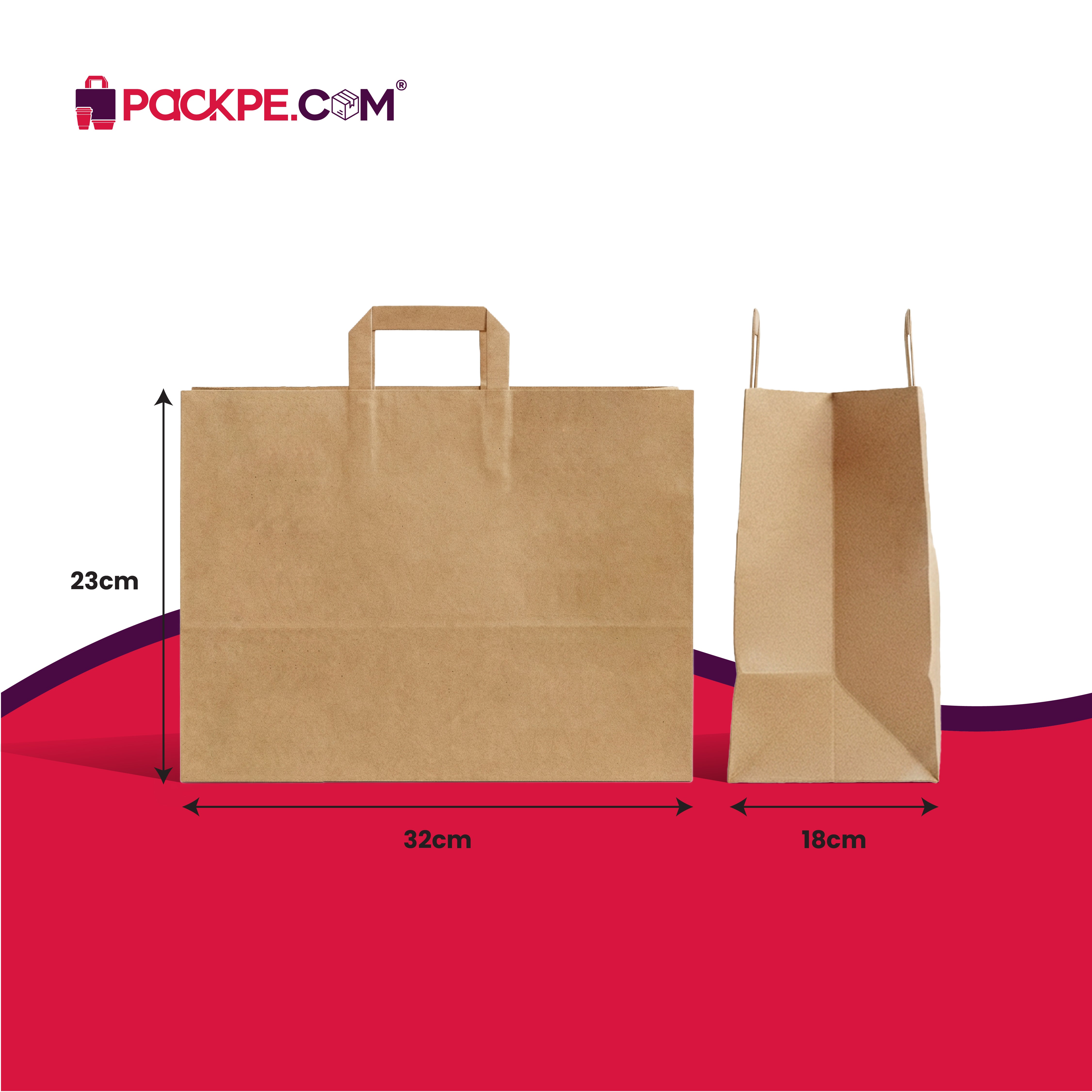 Hotpack Brown Flat Handle Paper Bag PFH-4 32x18x23 cm – Pack of 500 - Packpe.Com
