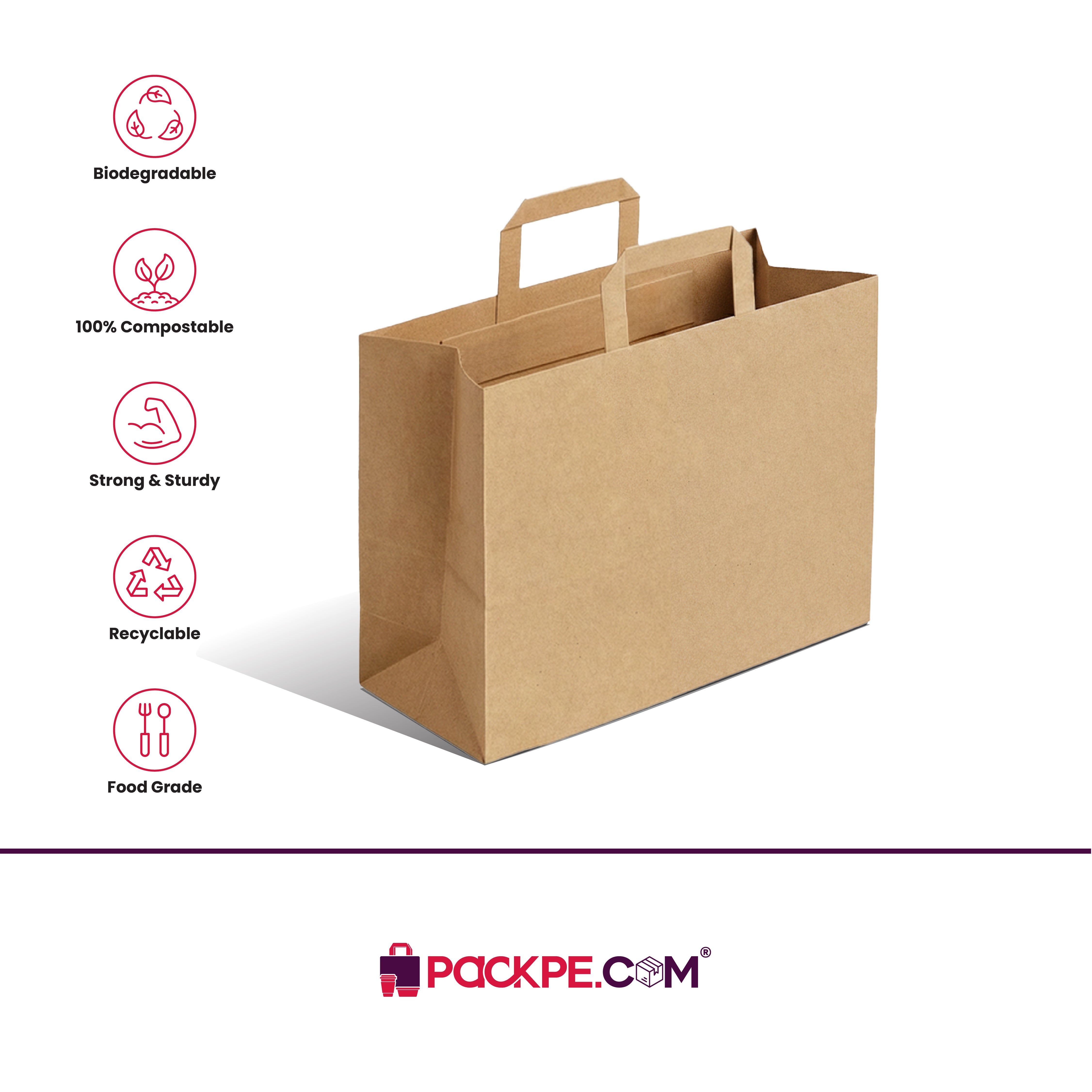 Hotpack Brown Flat Handle Paper Bag PFH-4 32x18x23 cm – Pack of 500 - Packpe.Com