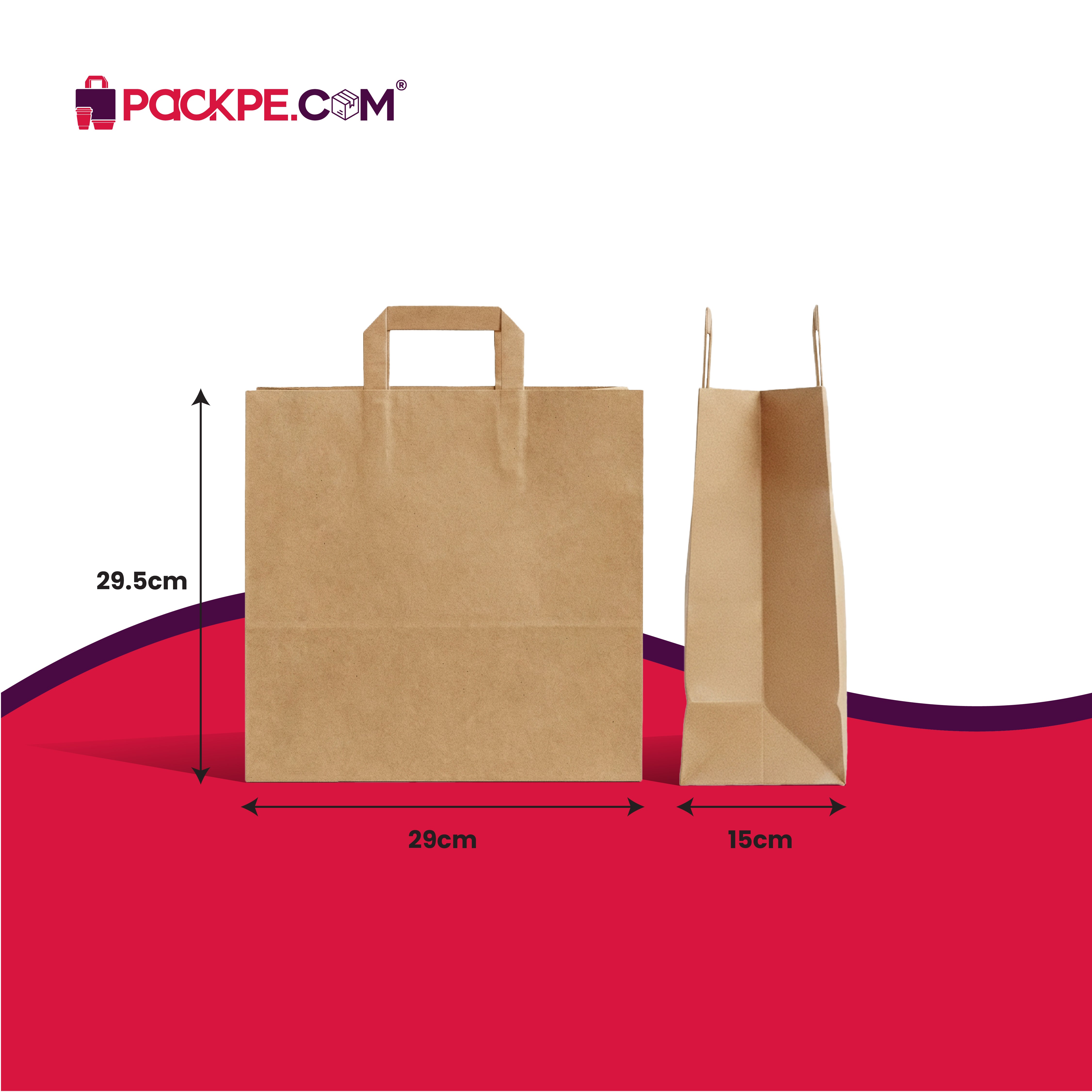 Hotpack Brown Flat Handle Paper Bag PFH-D 29x15x29.5 cm – Pack of 500 - Packpe.Com