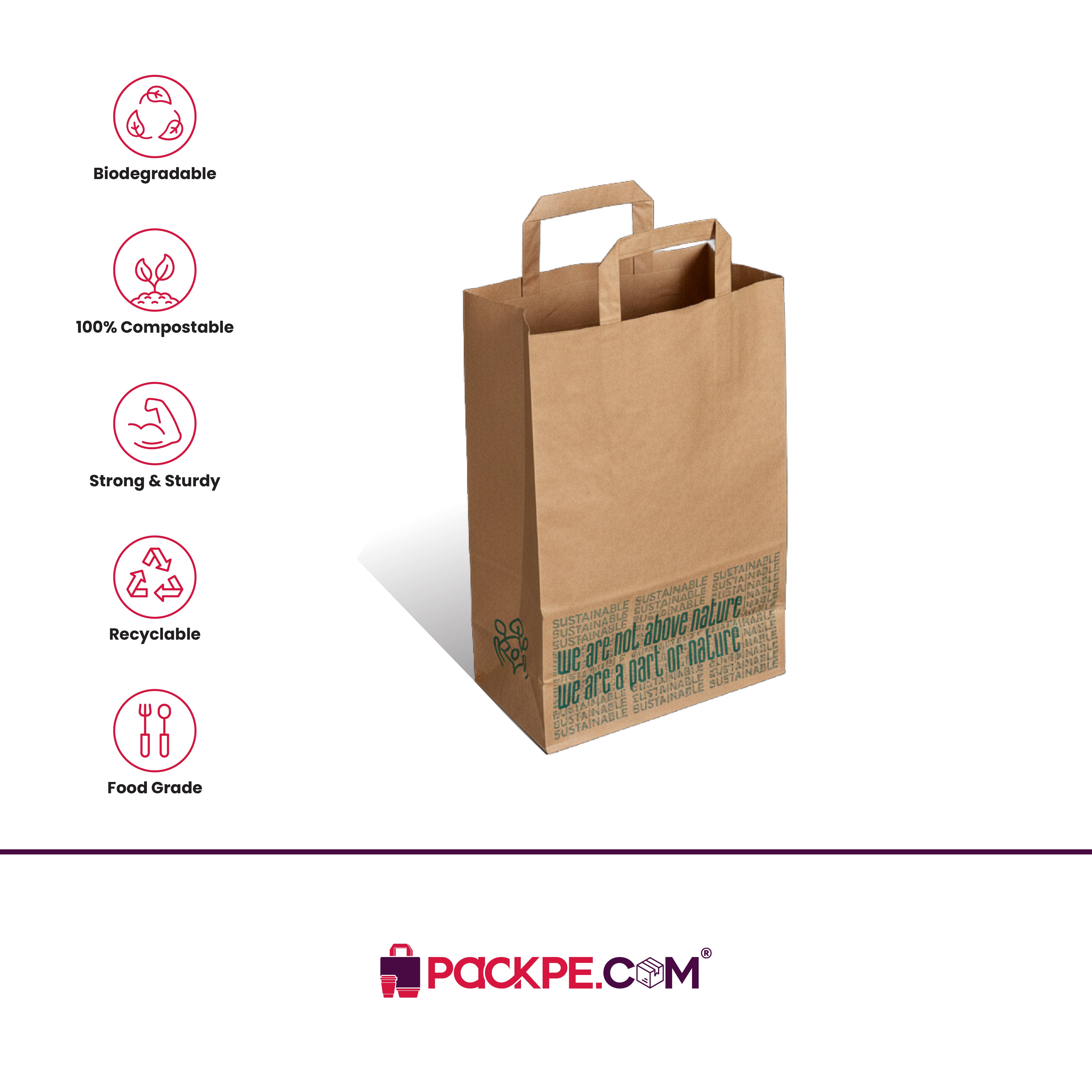 Hotpack Nature Medium Brown Paper Bag 24x12.5x36 cm – Pack of 250 - Packpe.Com