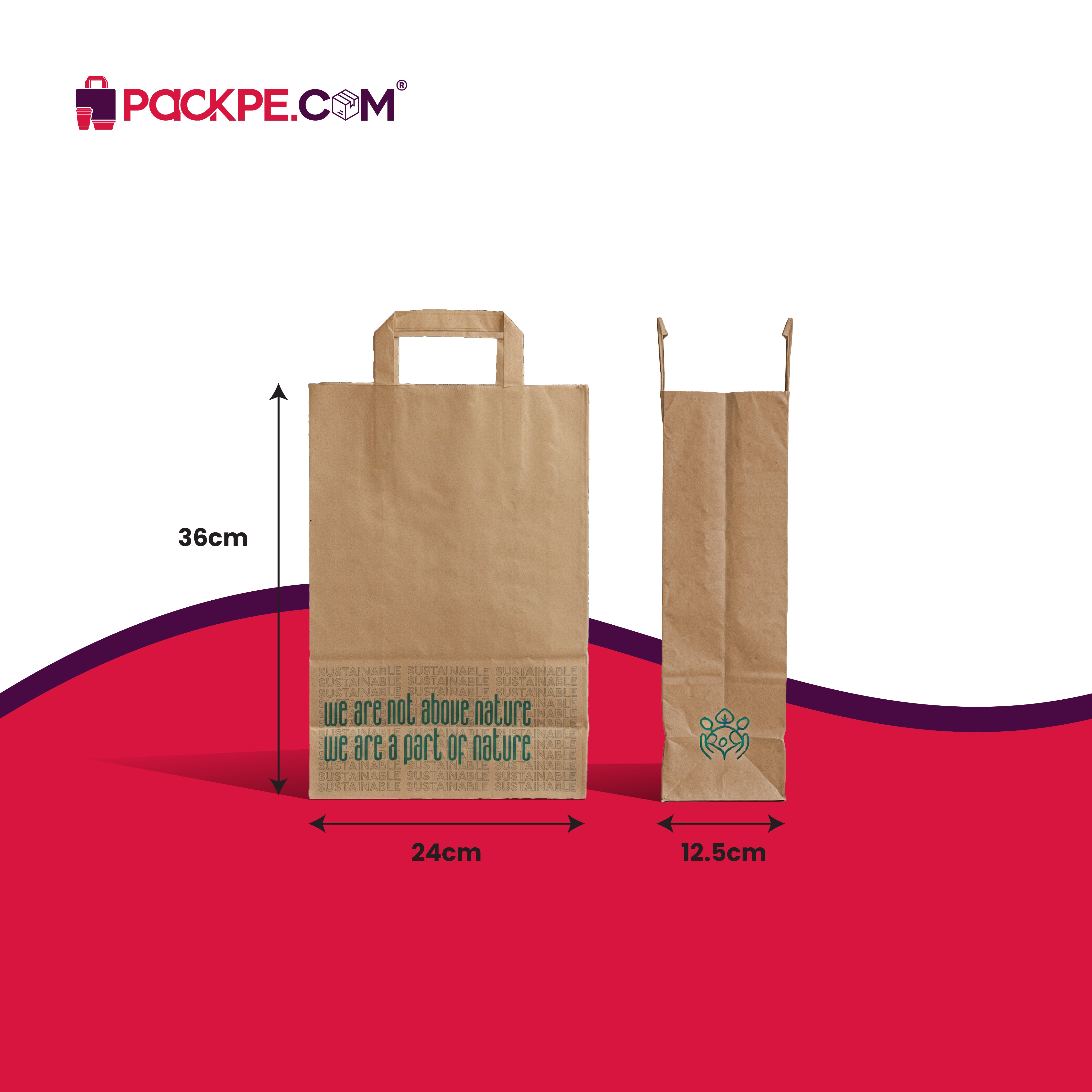 Hotpack Nature Medium Brown Paper Bag 24x12.5x36 cm – Pack of 250 - Packpe.Com