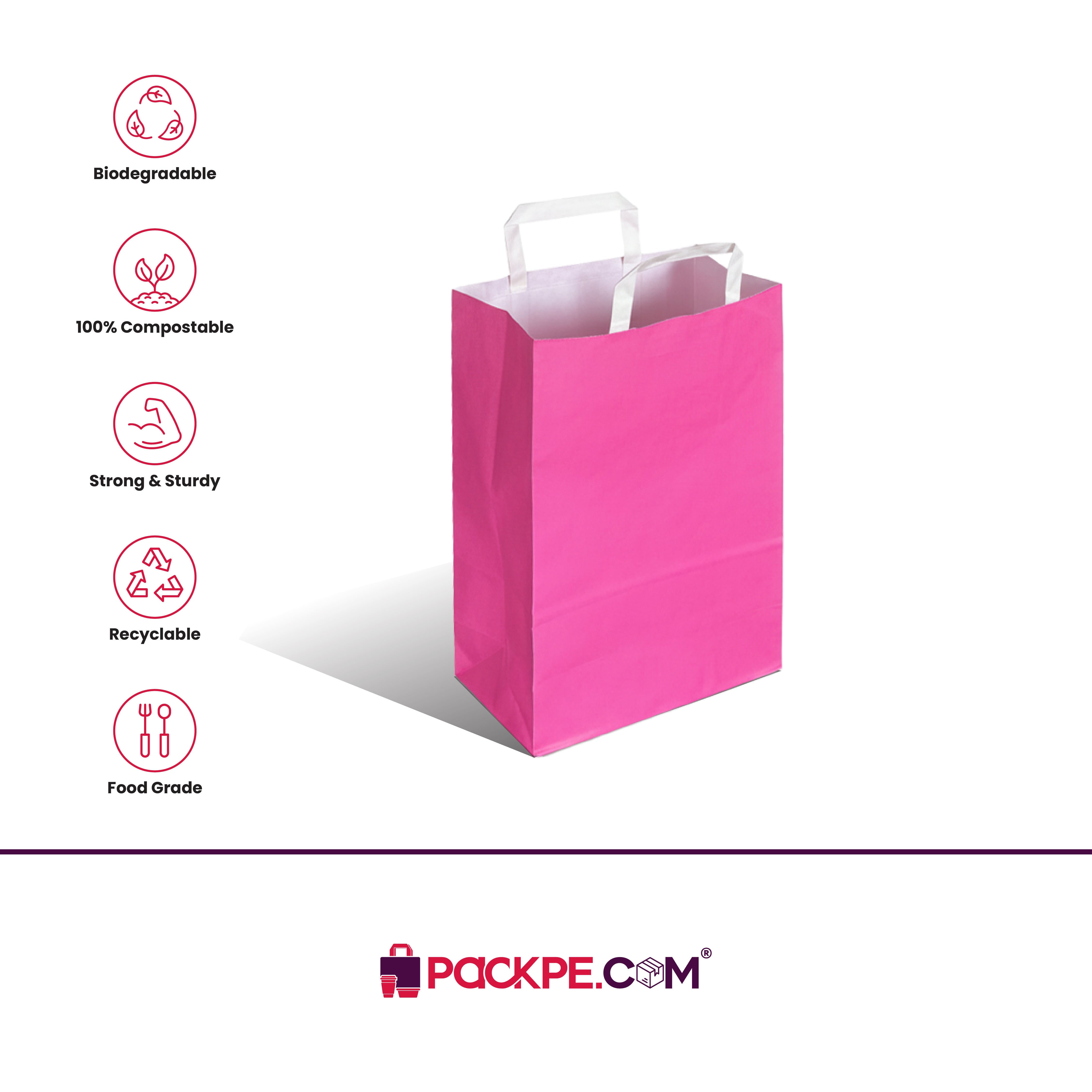 Hotpack Retail Pop Pink Paper Bag 24x12.5x36 cm – Pack of 250 - Packpe.Com