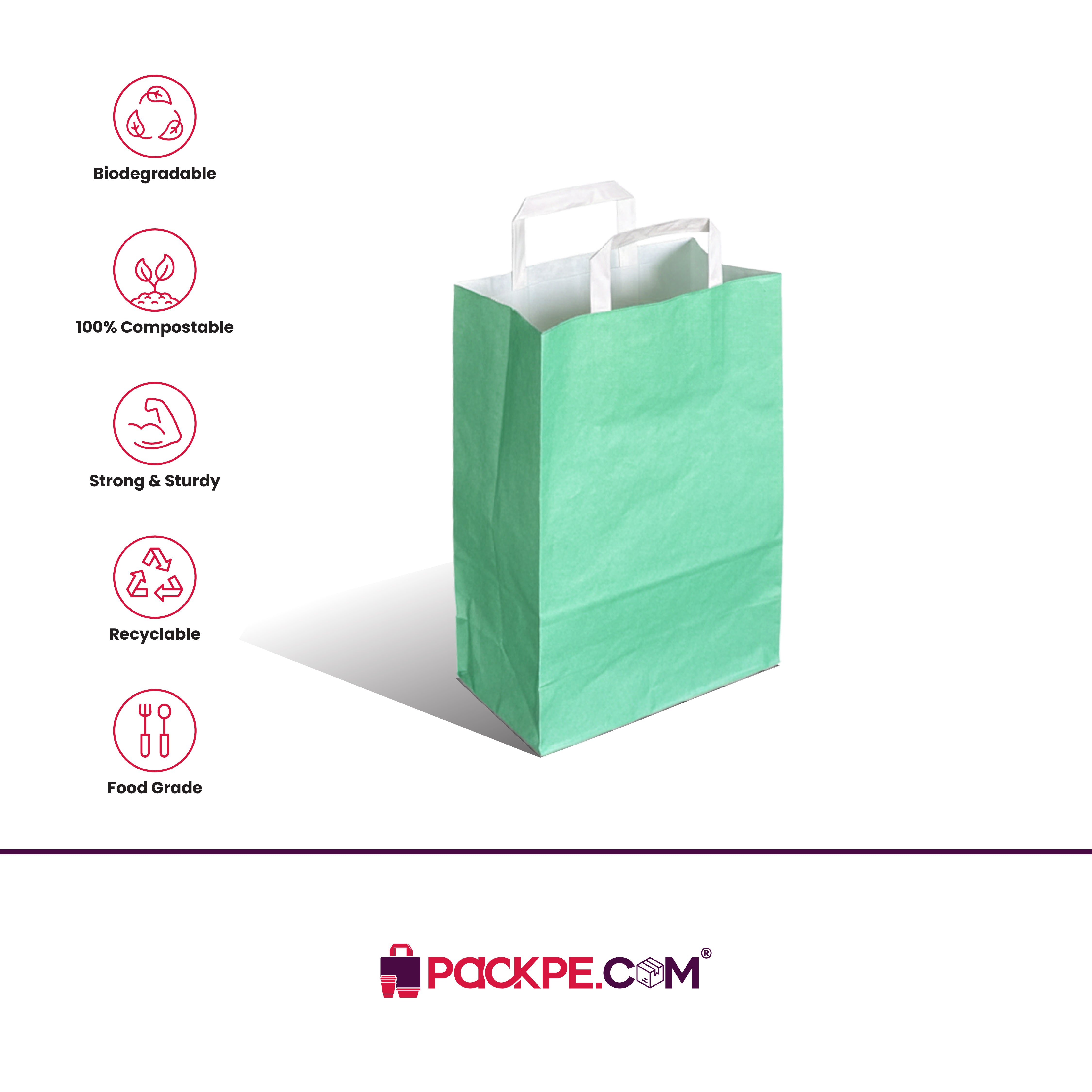 Hotpack Retail Sea Green Paper Bag 24x12.5x36 cm – Pack of 250 - Packpe.Com