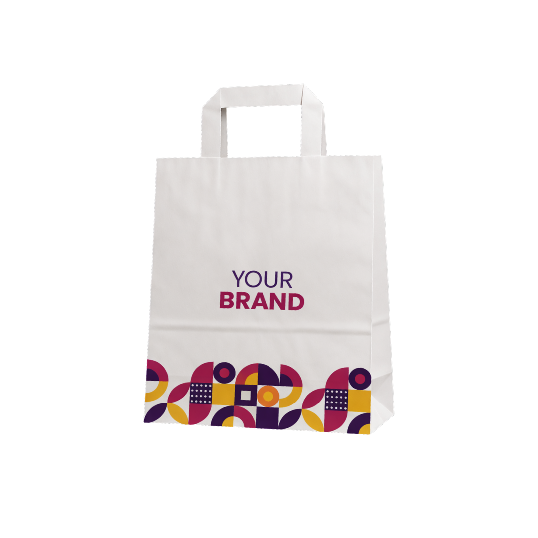 Hotpack White Customised Flat Handle Paper Bag PFH-1 24x14x25 cm – Pack of 500 - Packpe.Com