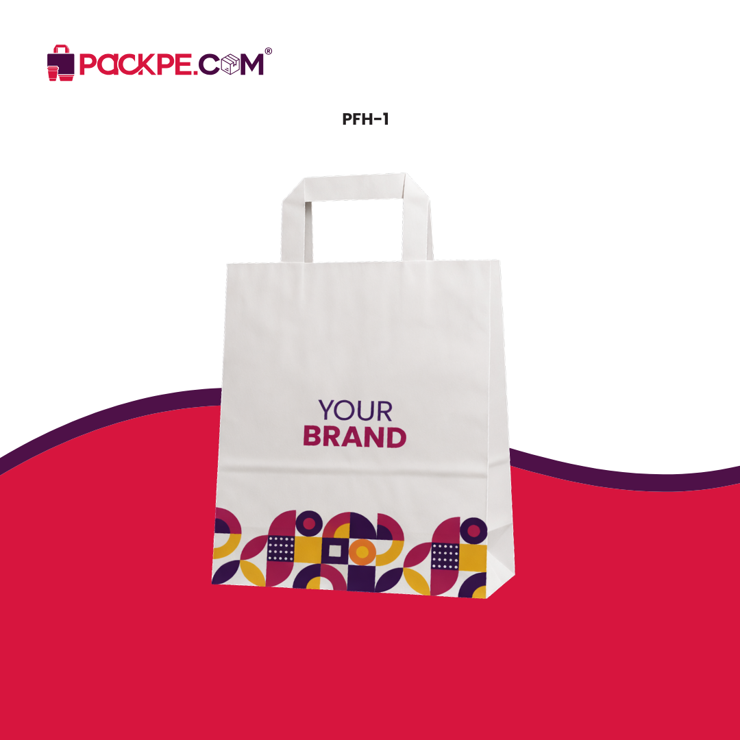 Hotpack White Customised Flat Handle Paper Bag PFH-1 24x14x25 cm – Pack of 500 - Packpe.Com