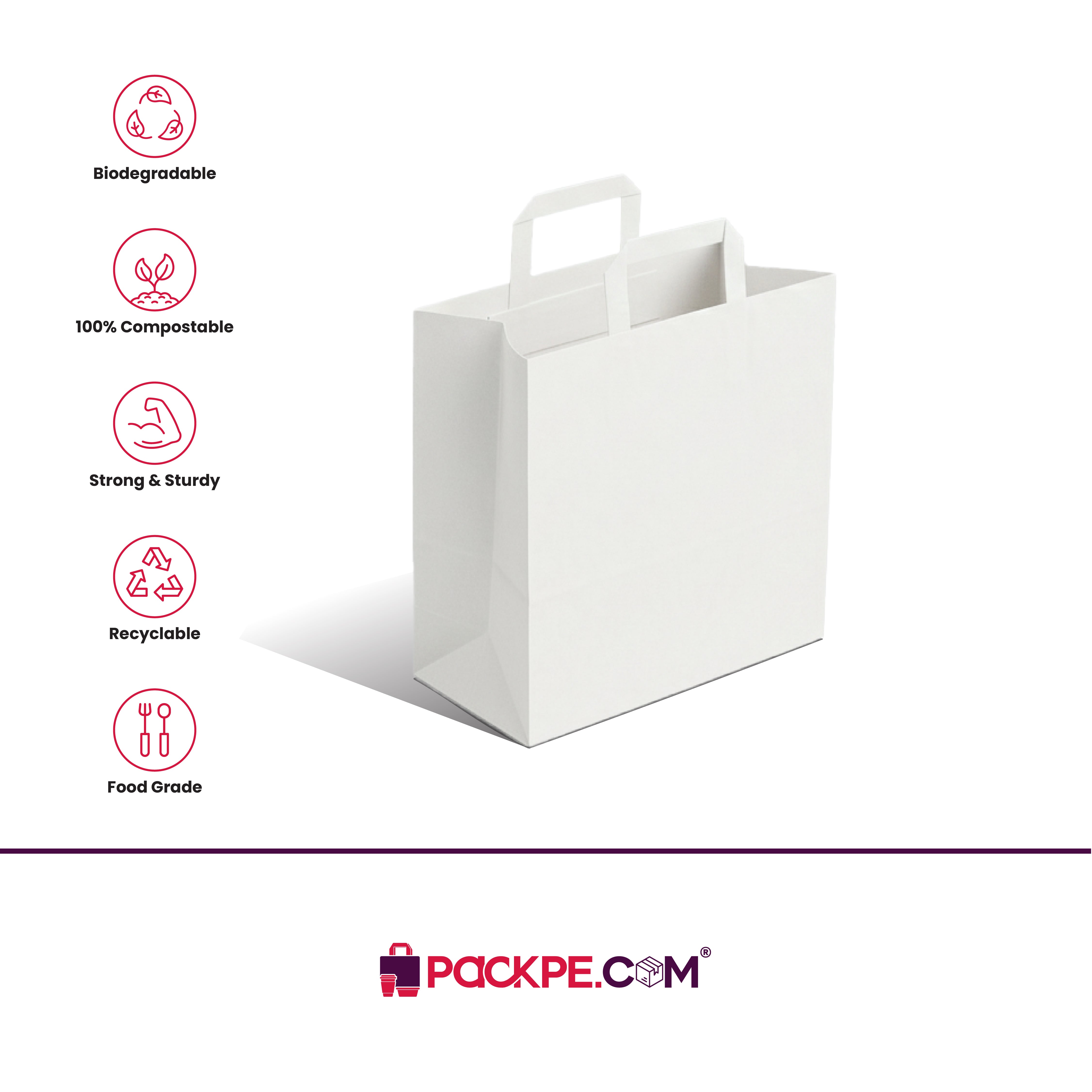 Hotpack White Flat Handle Paper Bag PFH-1 24x14x25 cm – Pack of 500 - Packpe.Com