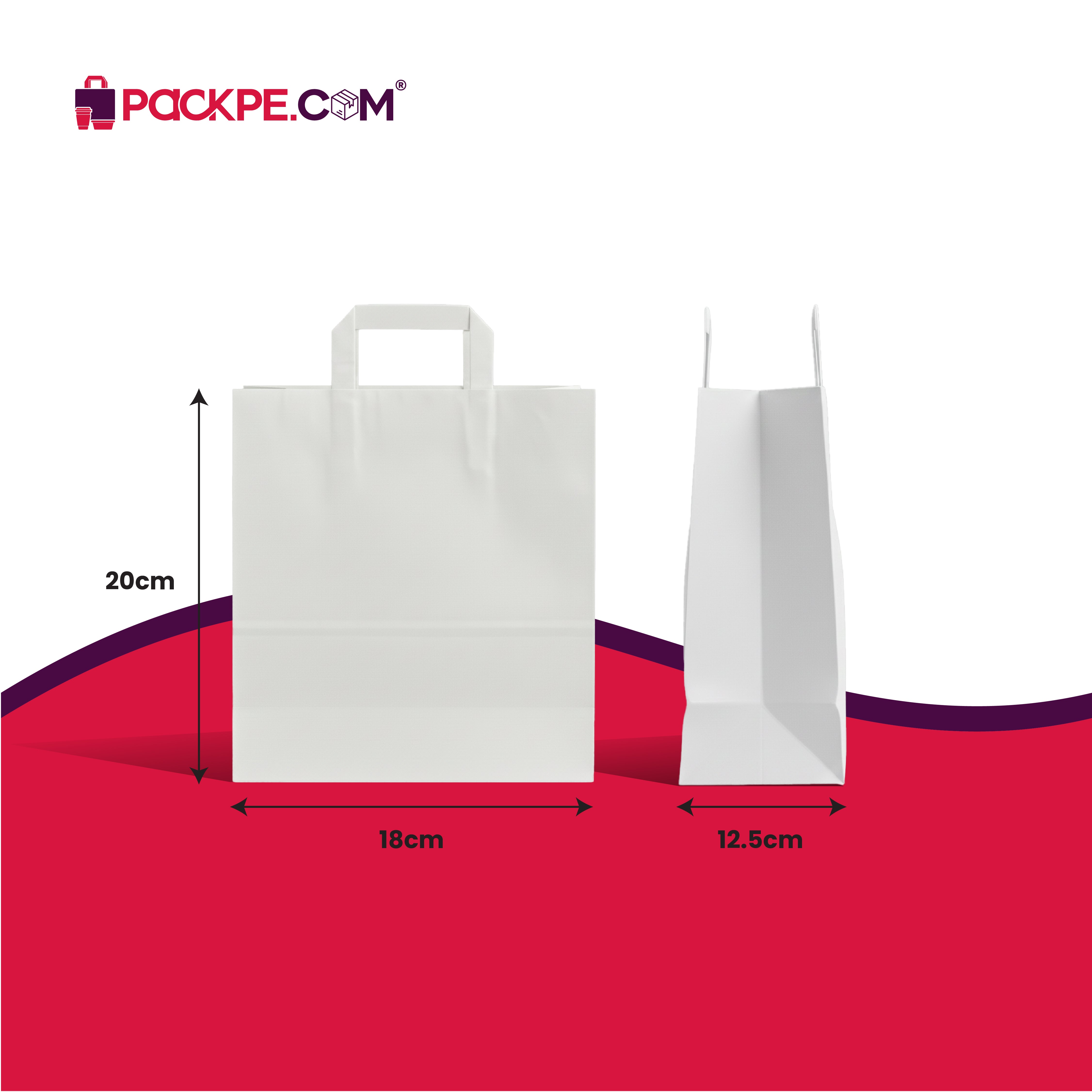 Hotpack White Flat Handle Paper Bag PFH-2 18x12.5x20 cm – Pack of 500 - Packpe.Com