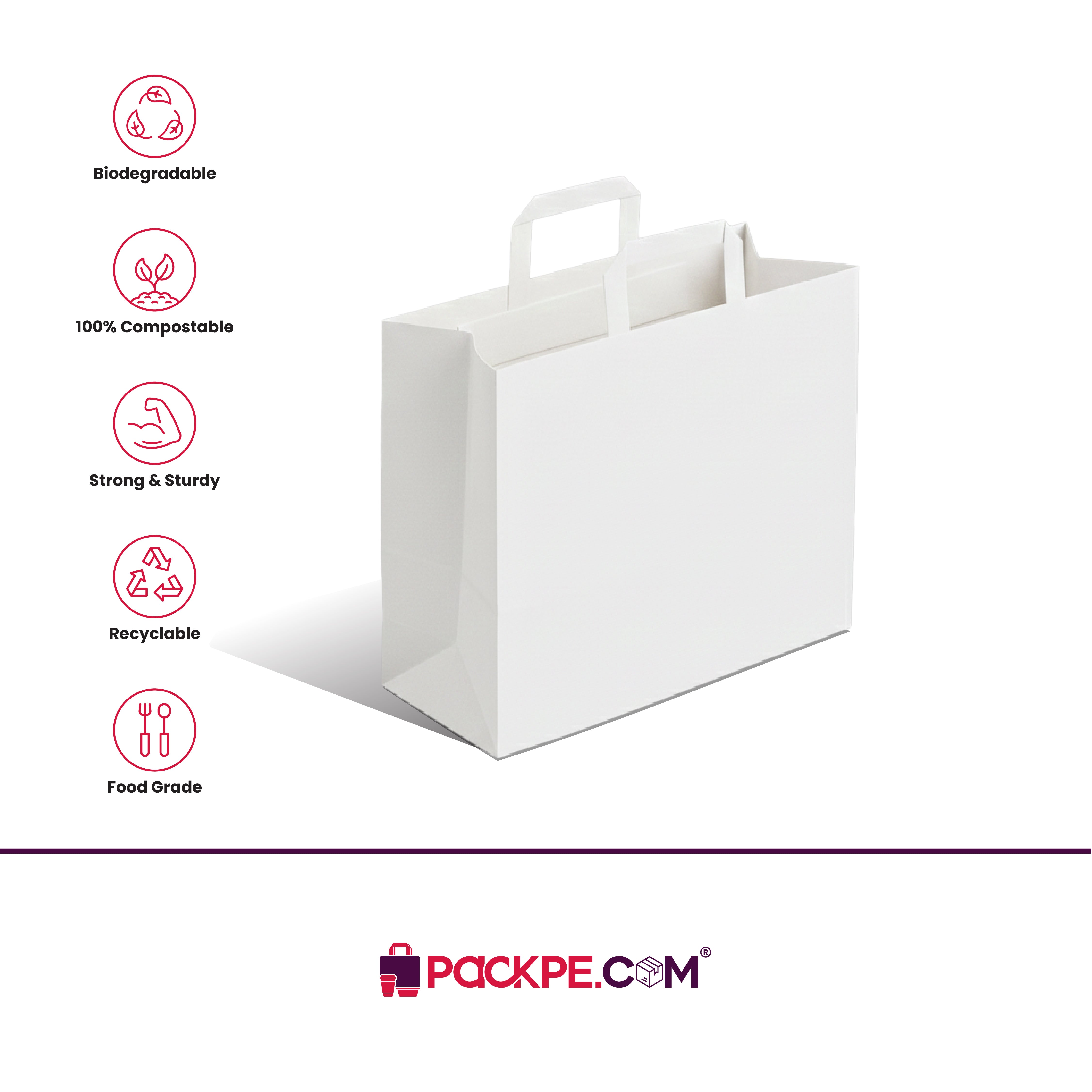 Hotpack White Flat Handle Paper Bag PFH-3 24x15x21.5 cm – Pack of 500 - Packpe.Com