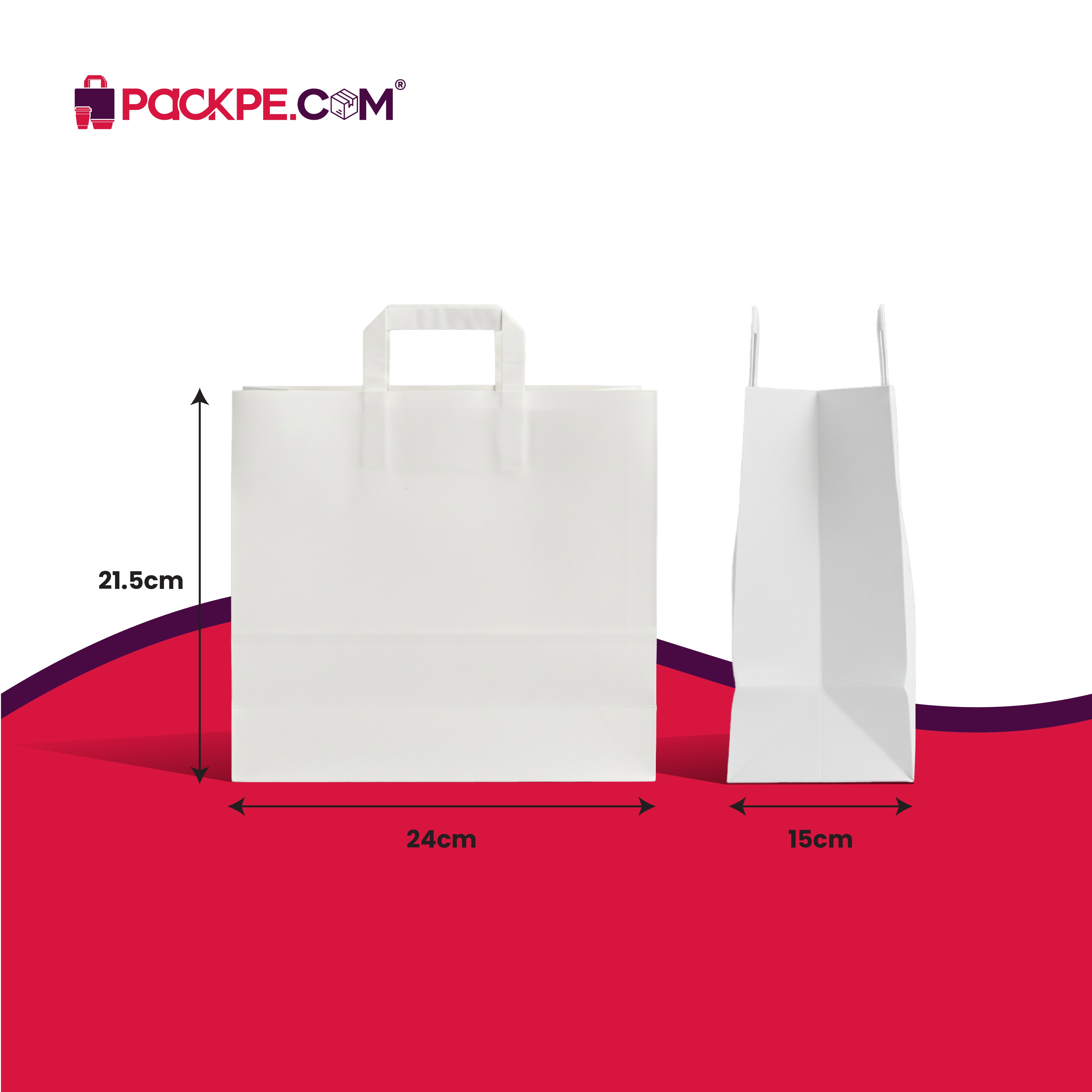 Hotpack White Flat Handle Paper Bag PFH-3 24x15x21.5 cm – Pack of 500 - Packpe.Com