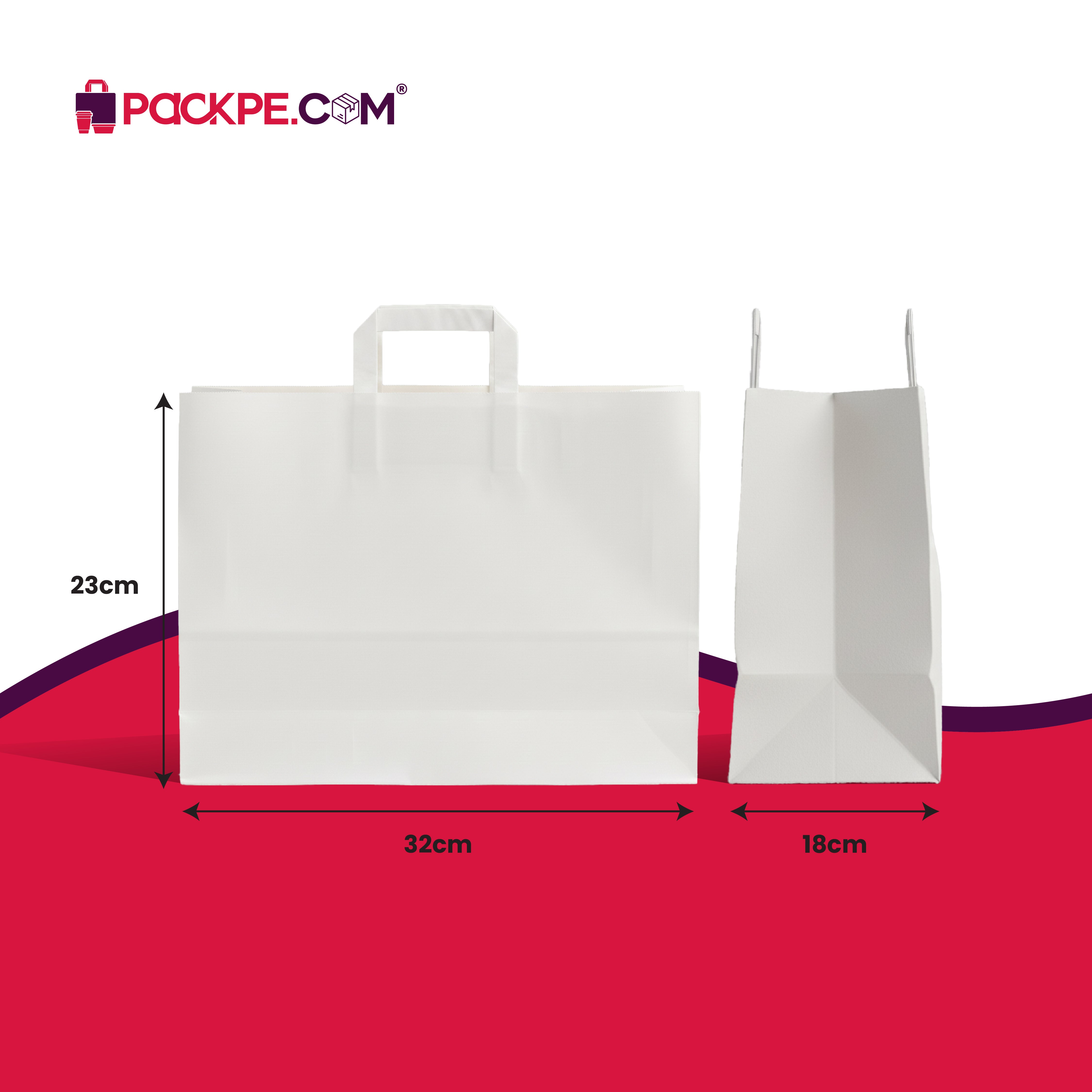 Hotpack White Flat Handle Paper Bag PFH-4 32x18x23 cm – Pack of 250 - Packpe.Com