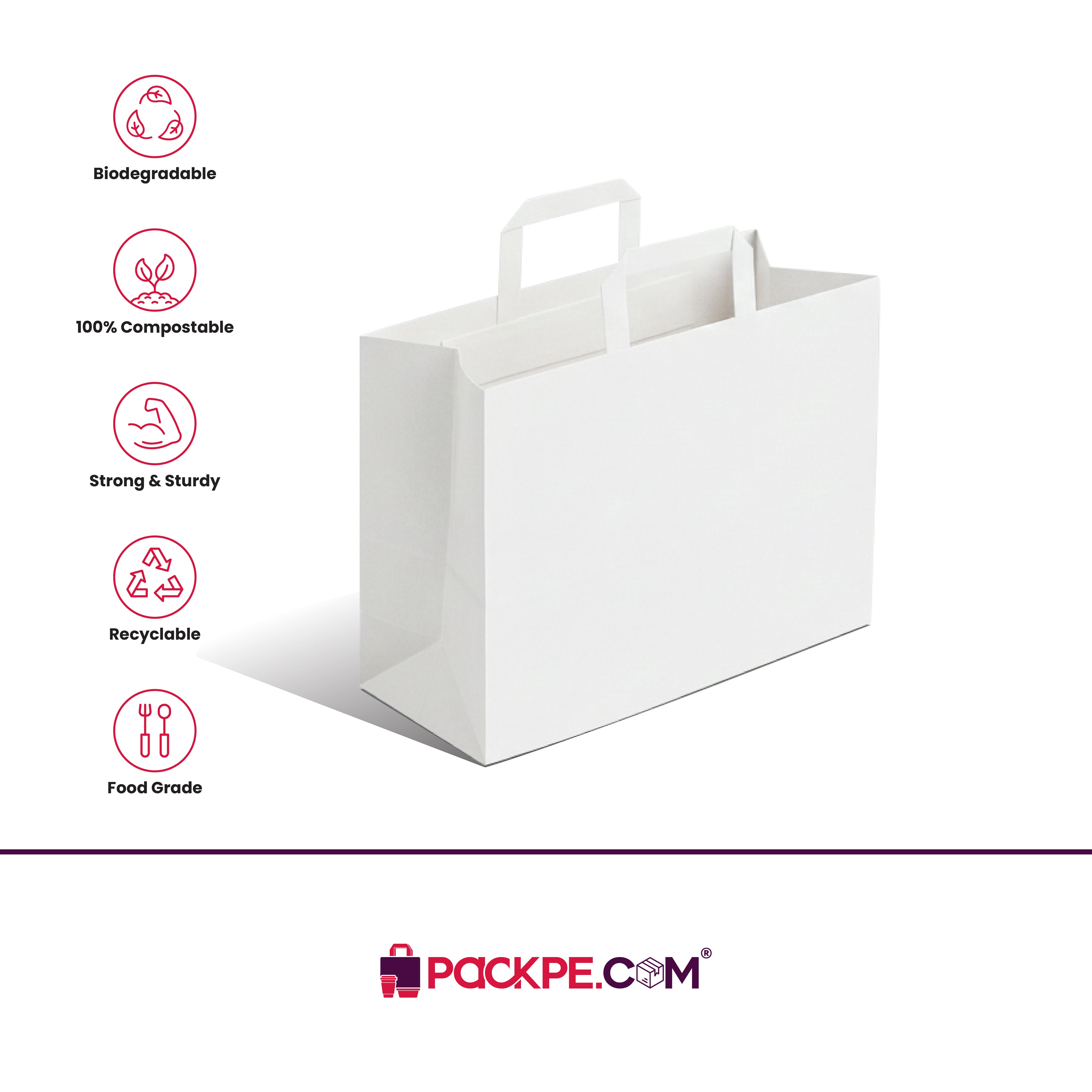 Hotpack White Flat Handle Paper Bag PFH-4 32x18x23 cm – Pack of 250 - Packpe.Com