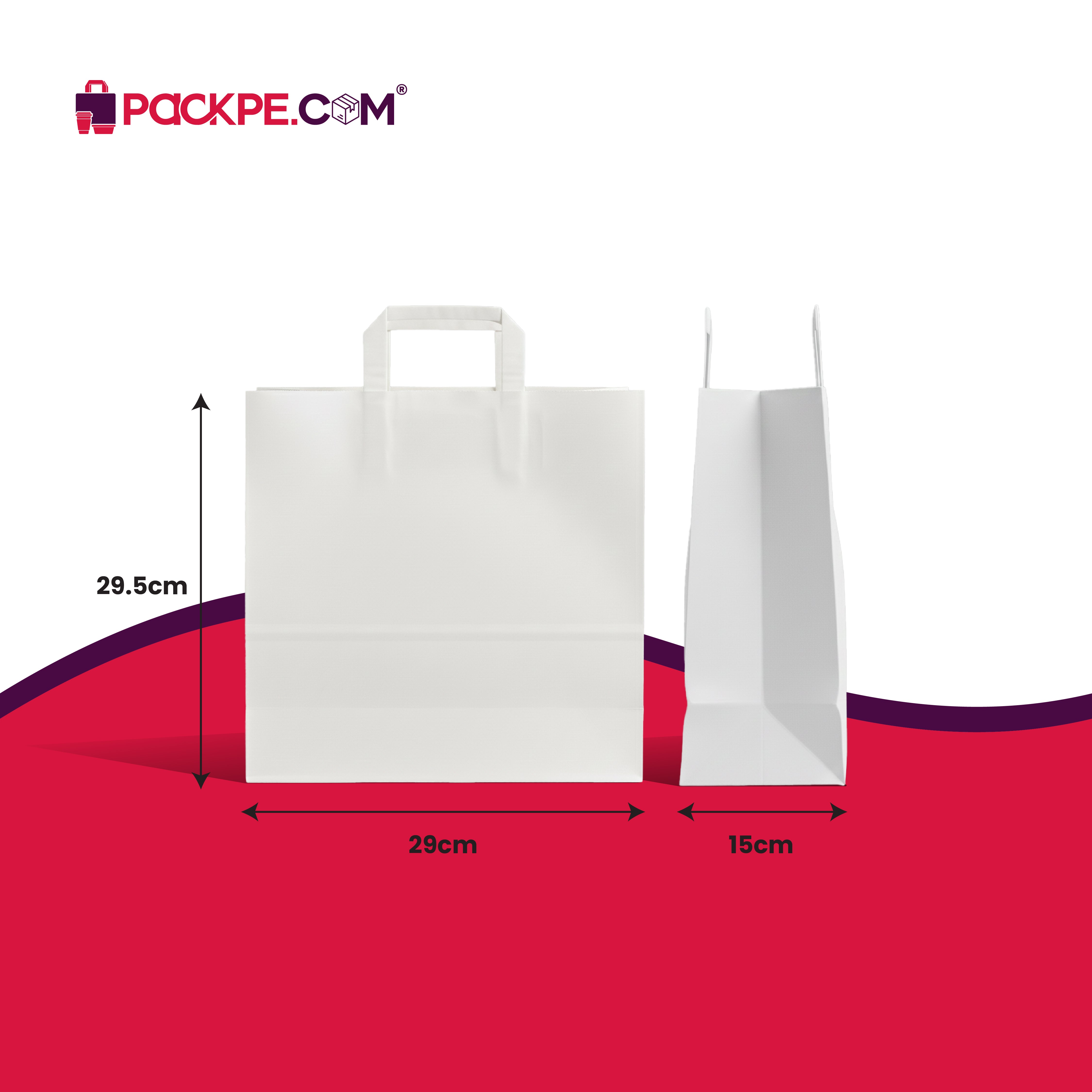 Hotpack White Flat Handle Paper Bag PFH-D 29x15x29.5 cm – Pack of 250 - Packpe.Com