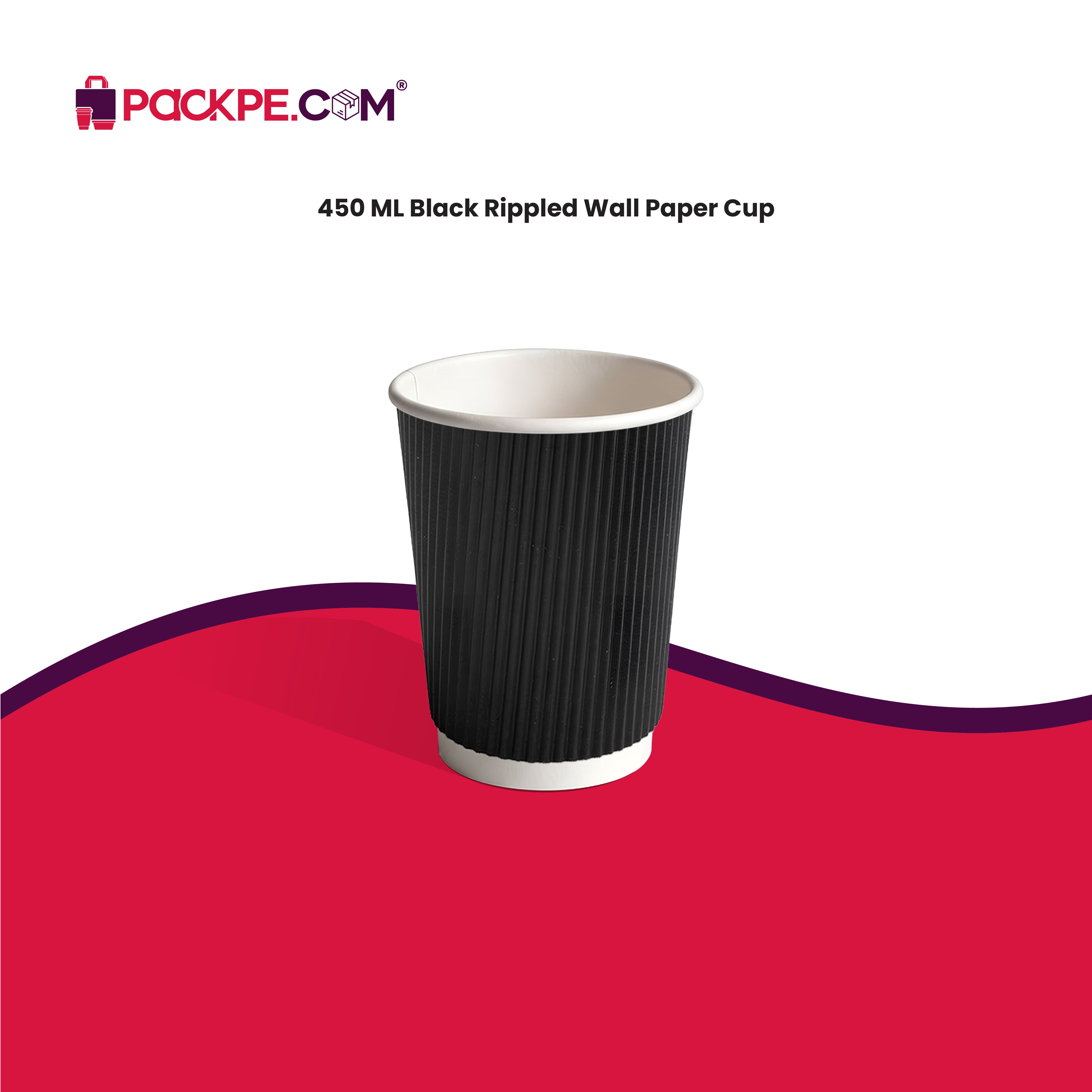 Black Rippled Paper Cups 450 ml - Pack of 500 - Packpe.Com