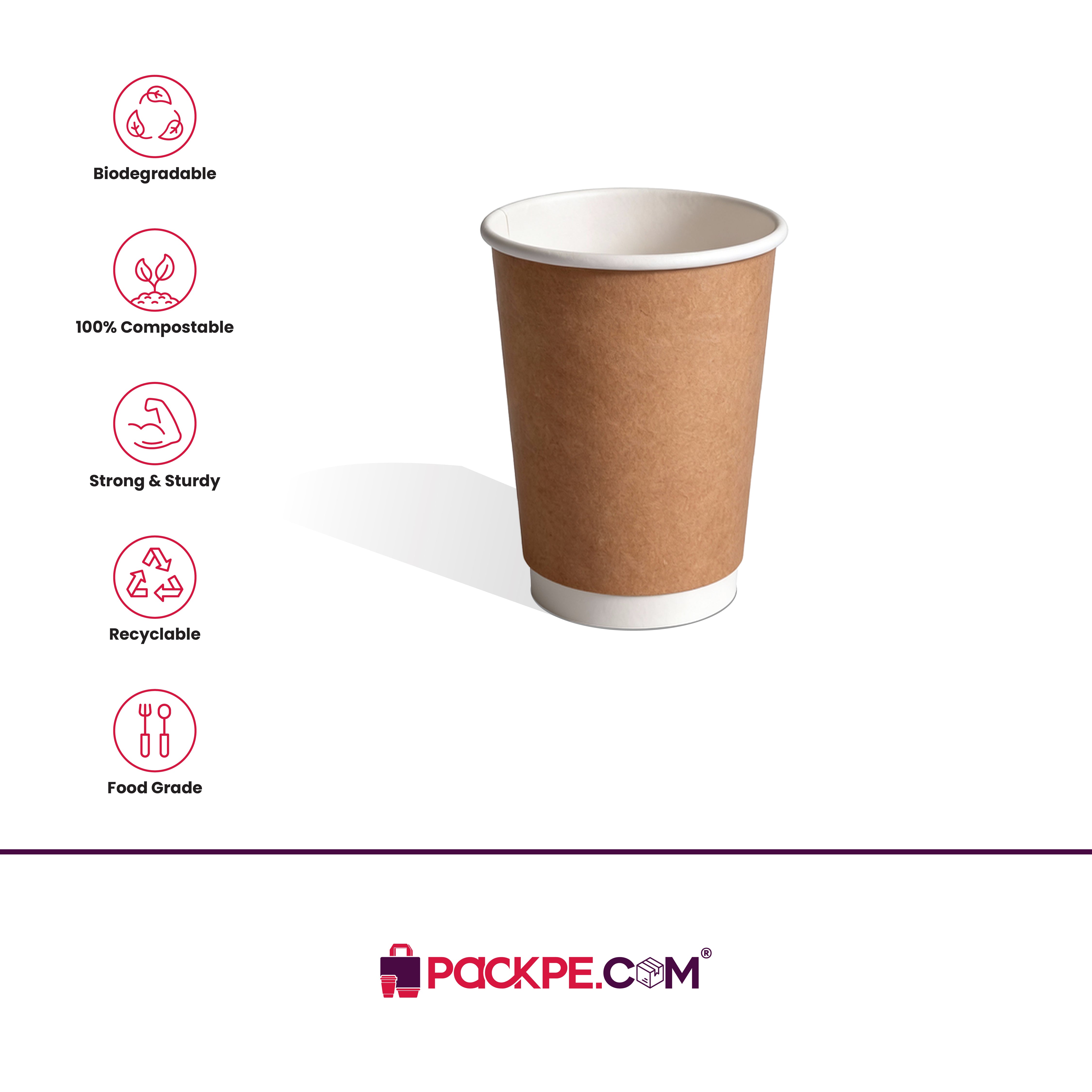 Kraft Double Wall Paper Cups 450 ml - Pack of 500 - Packpe.Com