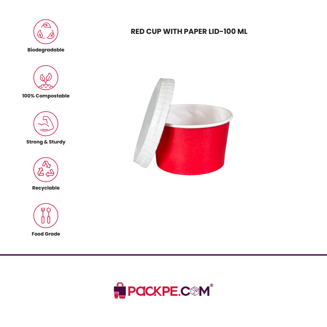 Red Container With Paper Lid 100 ml - Pack of 2400 - Packpe.Com