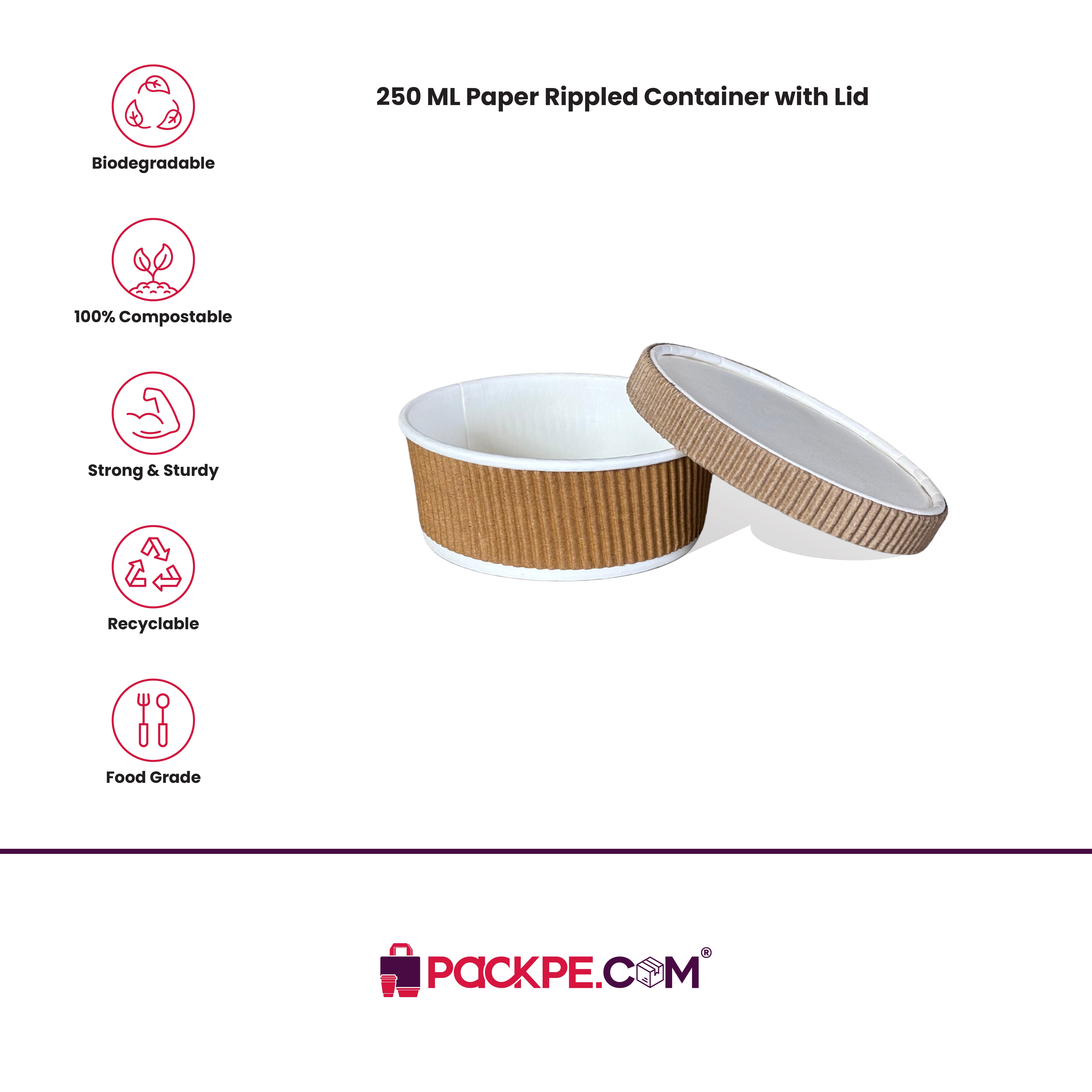 Bagasse Paper Rippled Container 250 ml with Lid | Pack of 500 | Eco-Friendly, Compostable, Microwave Safe | Ideal for Food Storage & Takeaway
