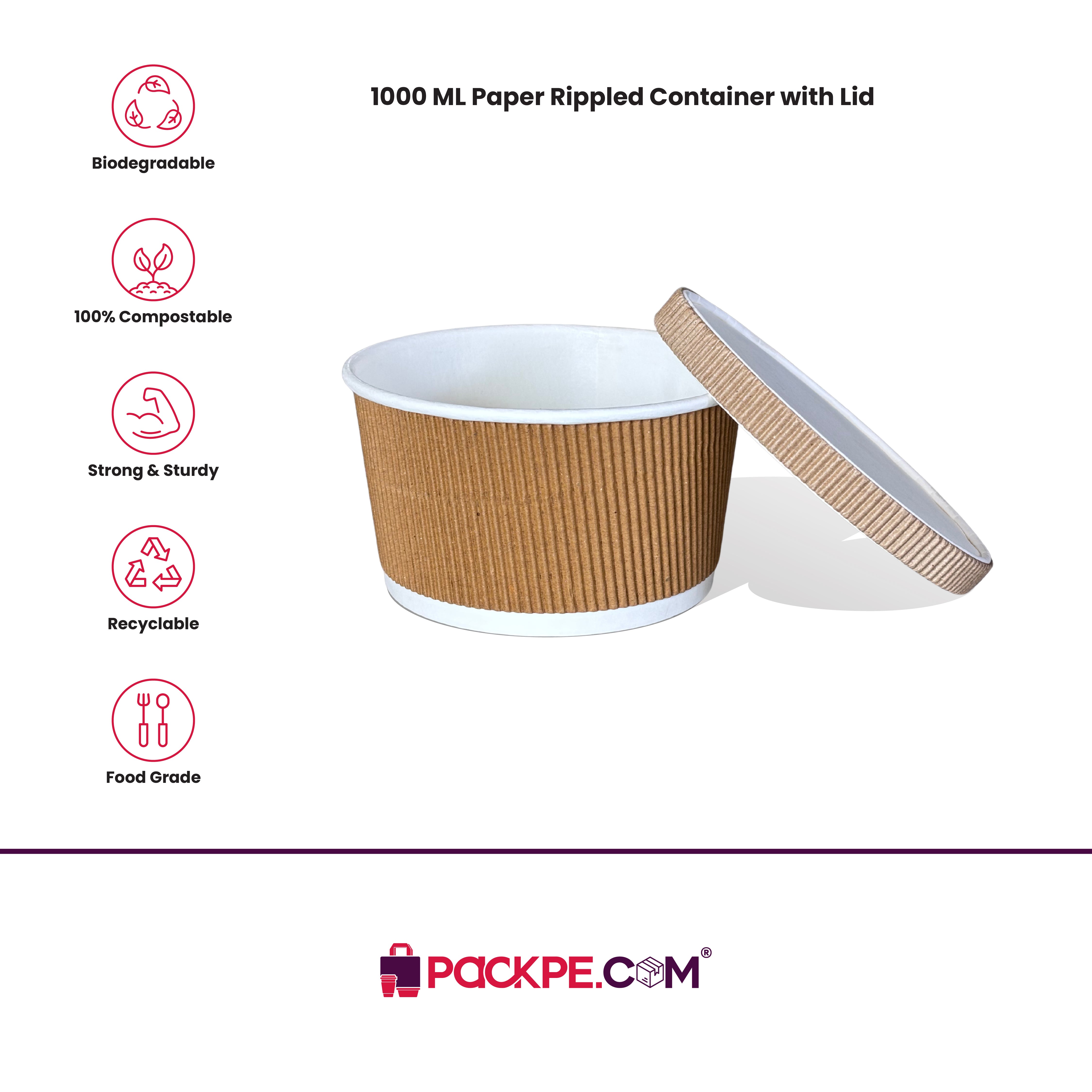 Paper Rippled Container 500 ml with Lid | Pack of 500 | Heat-Resistant, Leakproof | Ideal for Food Storage & Takeaway