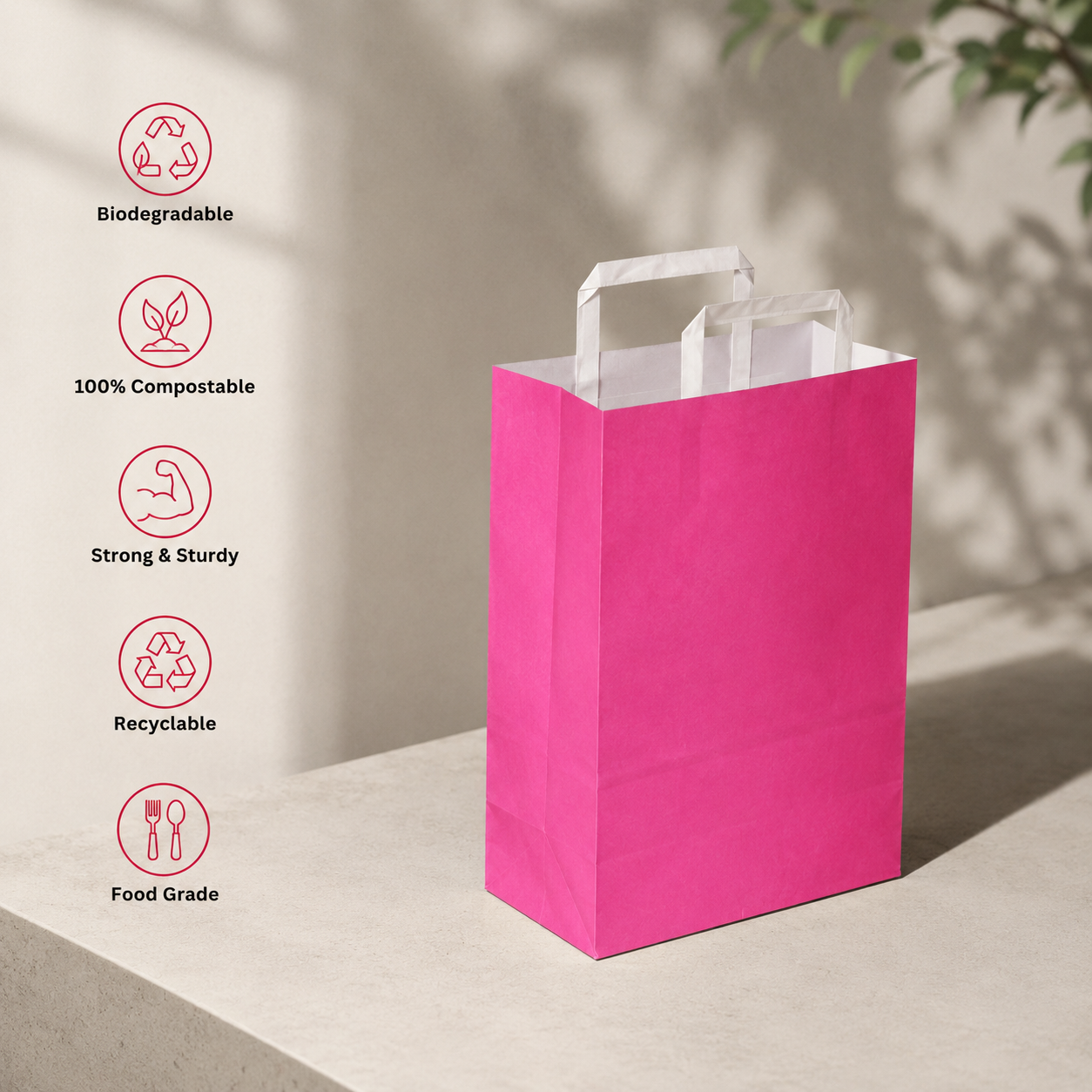 Retail Pop Pink Paper Bag 24x12.5x36 cm | Pack of 250 | Durable, Food-Grade | Ideal for Retail, Gifting & Food Packaging