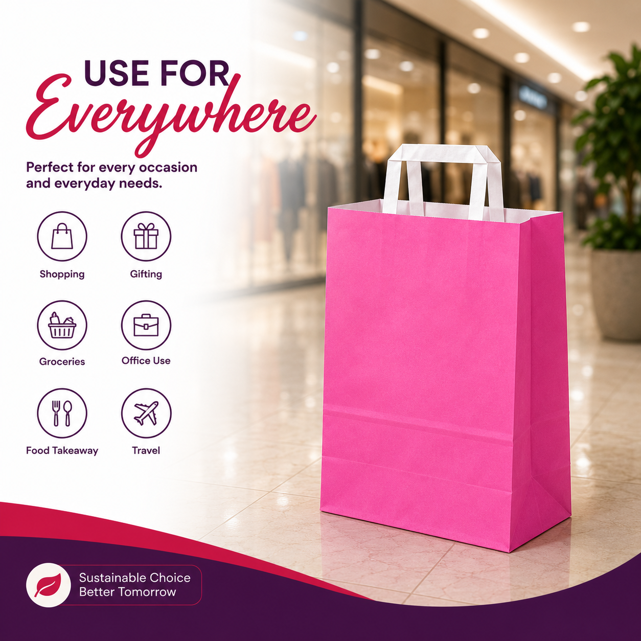Retail Pop Pink Paper Bag 24x12.5x36 cm | Pack of 250 | Durable, Food-Grade | Ideal for Retail, Gifting & Food Packaging