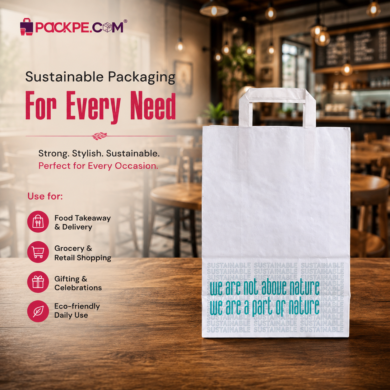 White Nature Large White Paper Bag 30x12.5x40.75 cm | Pack of 250 | Durable, Food-Grade | Ideal for Retail, Gifting & Food Packaging