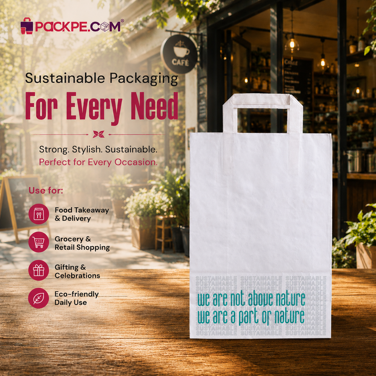 White Nature Medium White Paper Bag 24x12.5x36 cm | Pack of 250 | Durable, Food-Grade | Ideal for Retail, Gifting & Food Packaging