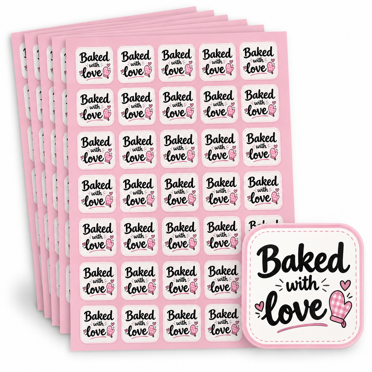 Baked with Love stickers, pink baking mitt design — Packpe
