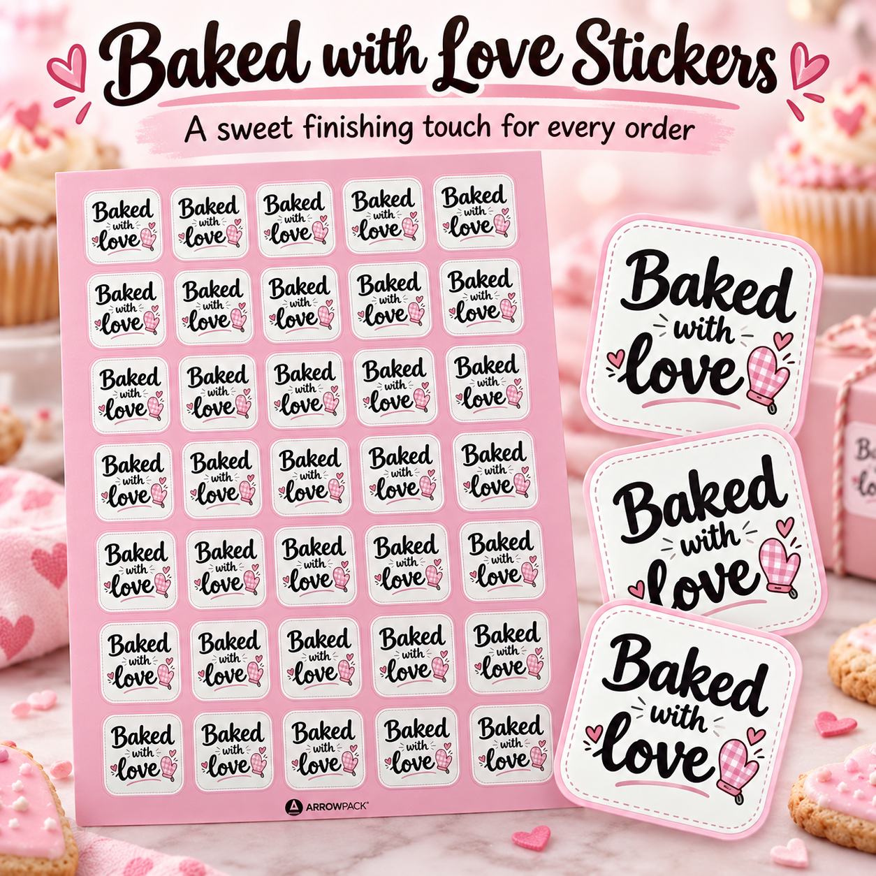 Baked with Love stickers on cake boxes and cookie packs