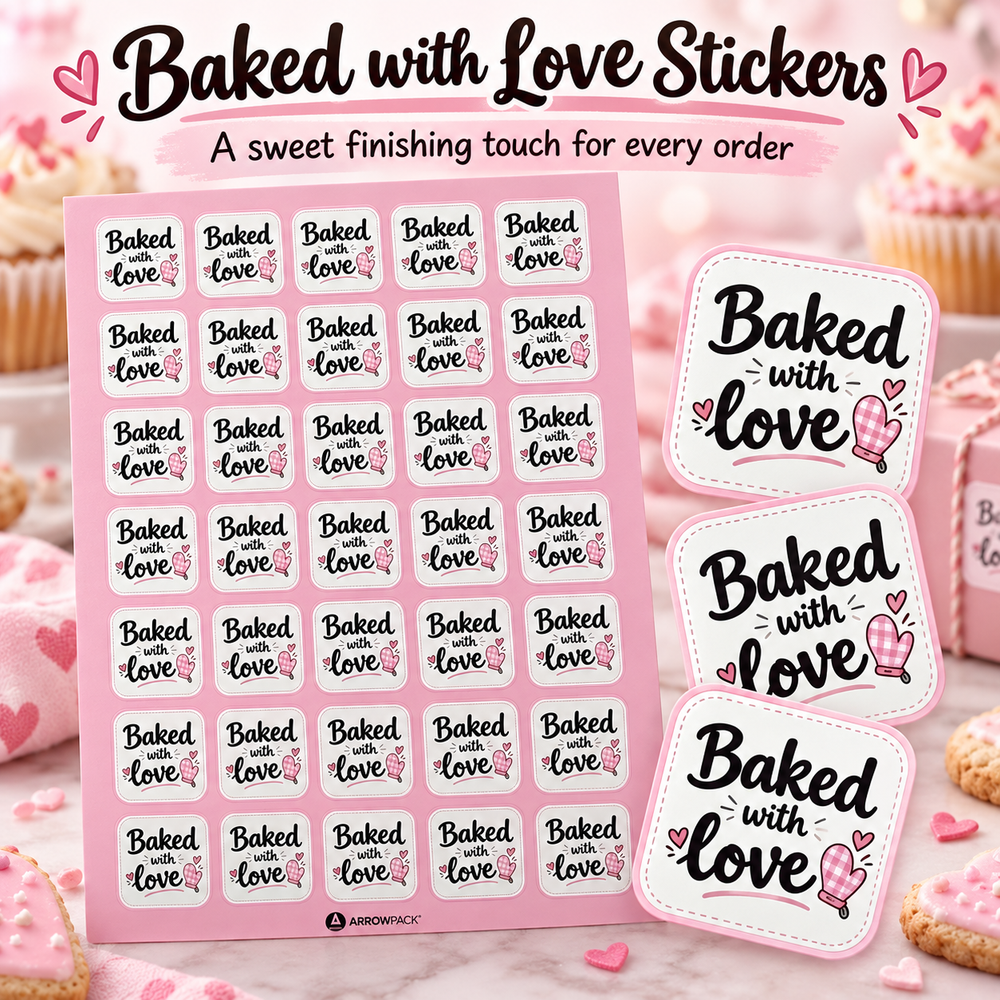 Baked with Love stickers on cake boxes and cookie packs