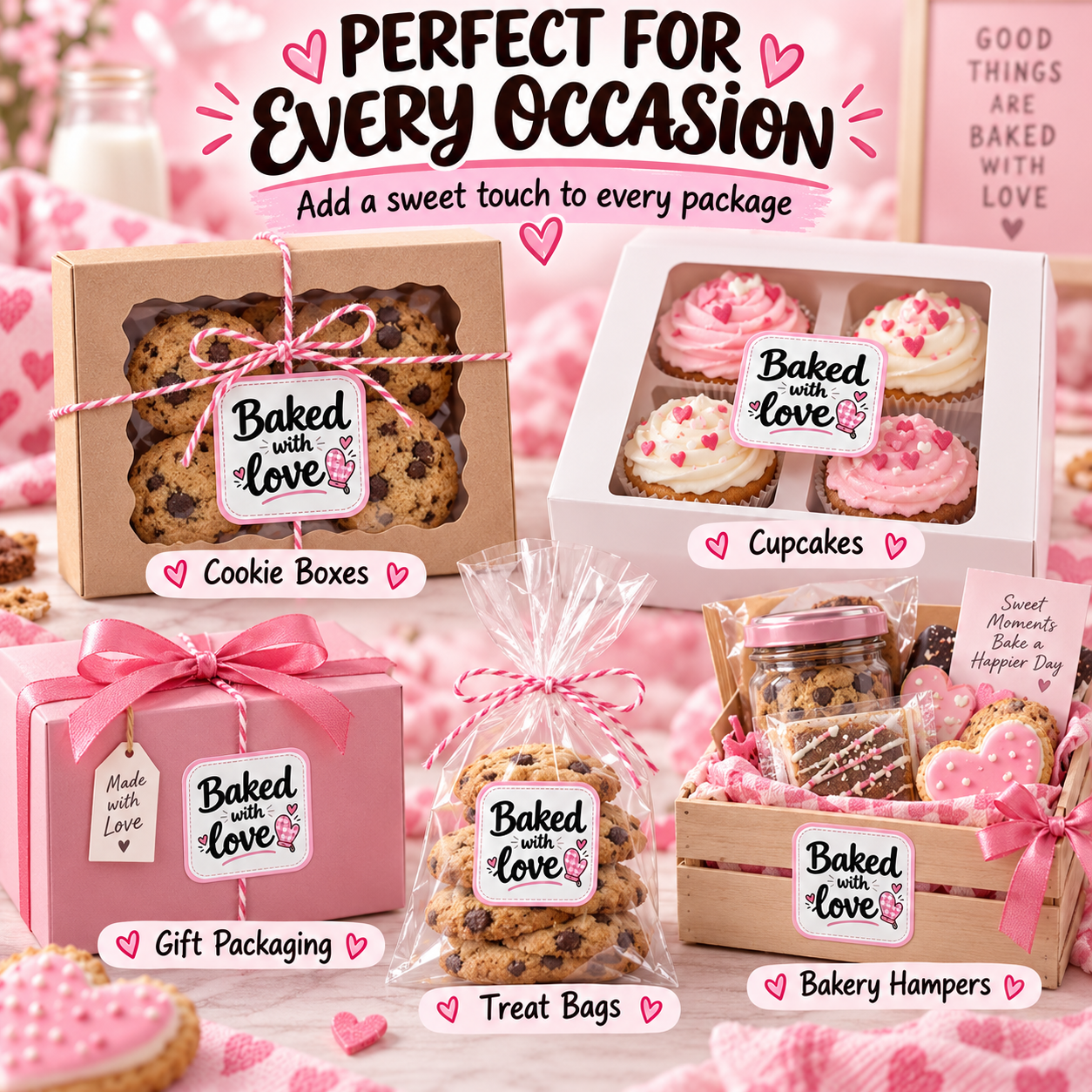 Baked with Love stickers on dessert packaging