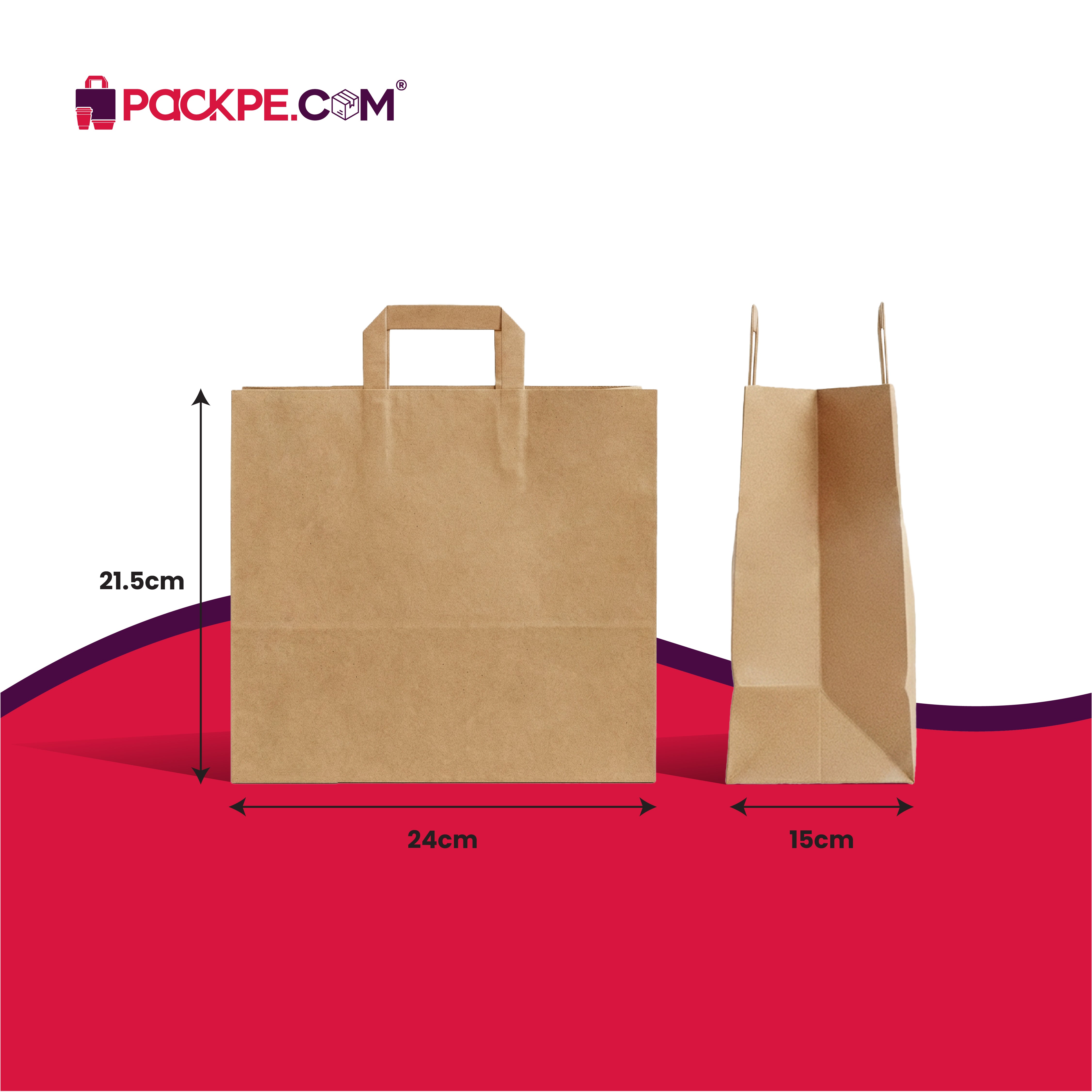 Brown Flat Handle Paper Bag 24x15x21.5 cm | Pack of 500 | Durable, Food-Grade | Ideal for Retail, Gifting & Food Packaging