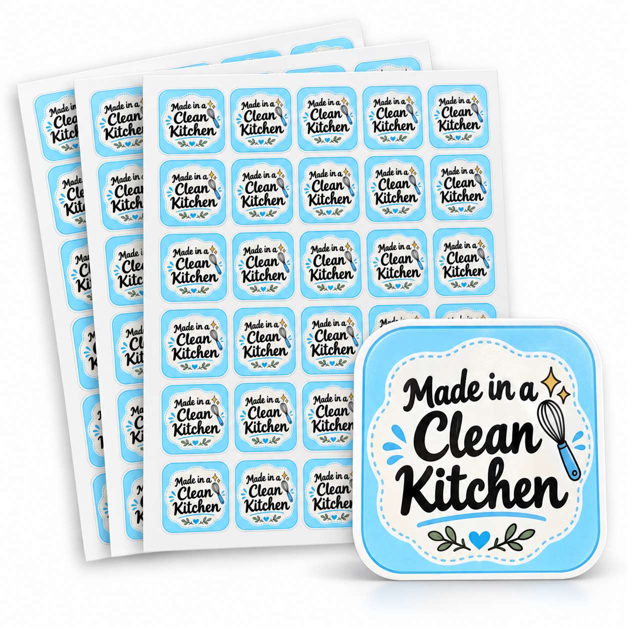 Made in a Clean Kitchen stickers, sky blue whisk design — Arrowpack