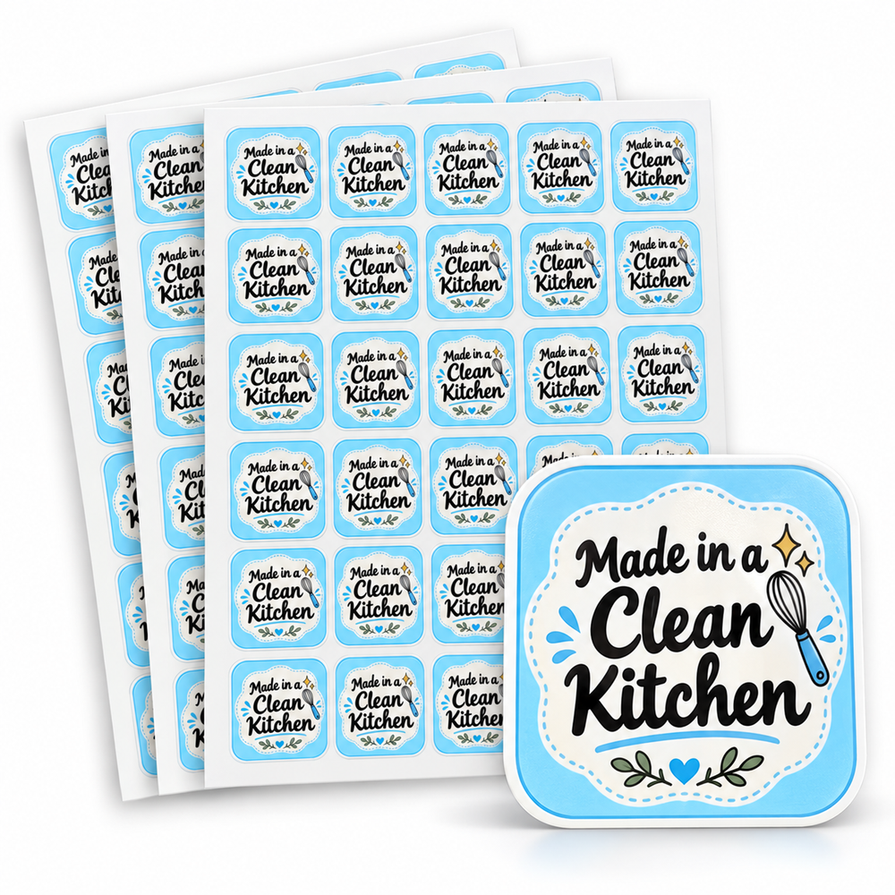 Made in a Clean Kitchen stickers, sky blue whisk design — Packpe