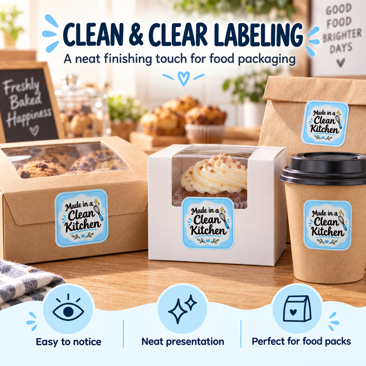 Made in a Clean Kitchen stickers on bakery packaging